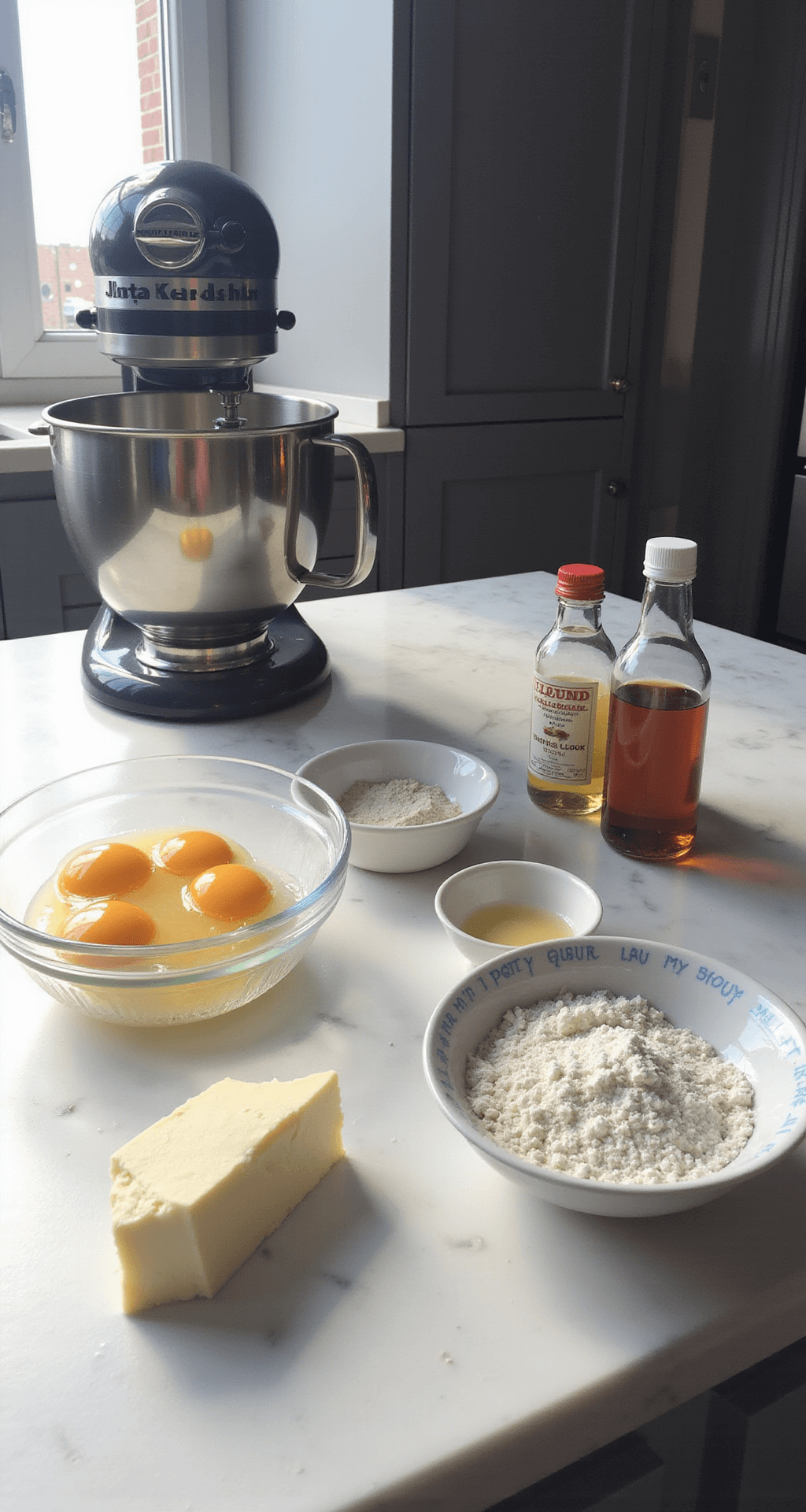 A bright modern kitchen with a stand mixer, surrounded by neatly arranged baking ingredients including egg whites, butter, and flour, illuminated by natural light.
