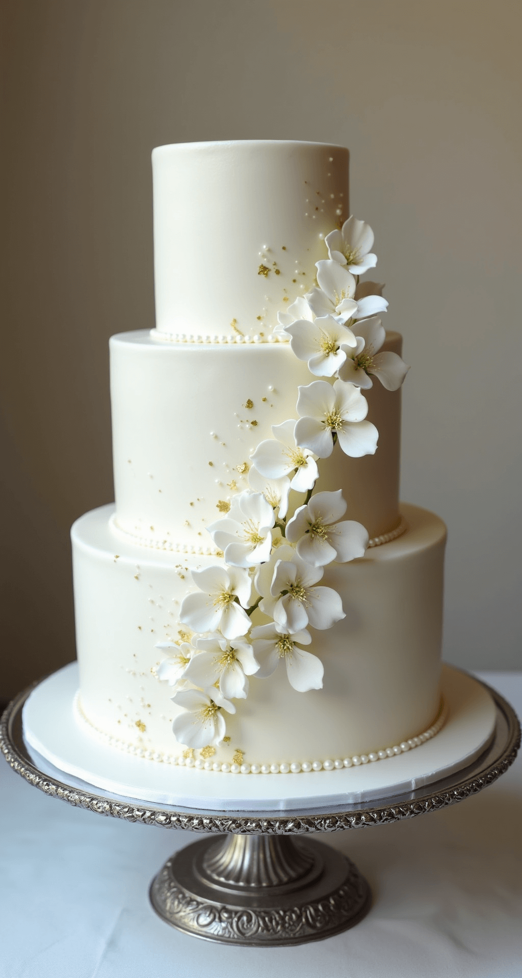 Three-tiered white wedding cake on ornate silver stand, adorned with fresh white flowers, edible pearls, and gold leaf accents, set against a soft-focus neutral background.