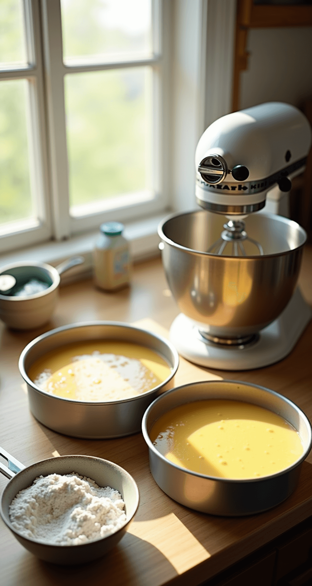 A sunlit kitchen countertop featuring two 9-inch round cake pans filled with golden vanilla batter, accompanied by a stand mixer, measuring cups, and a bowl of sifted flour, creating an inviting baking atmosphere.