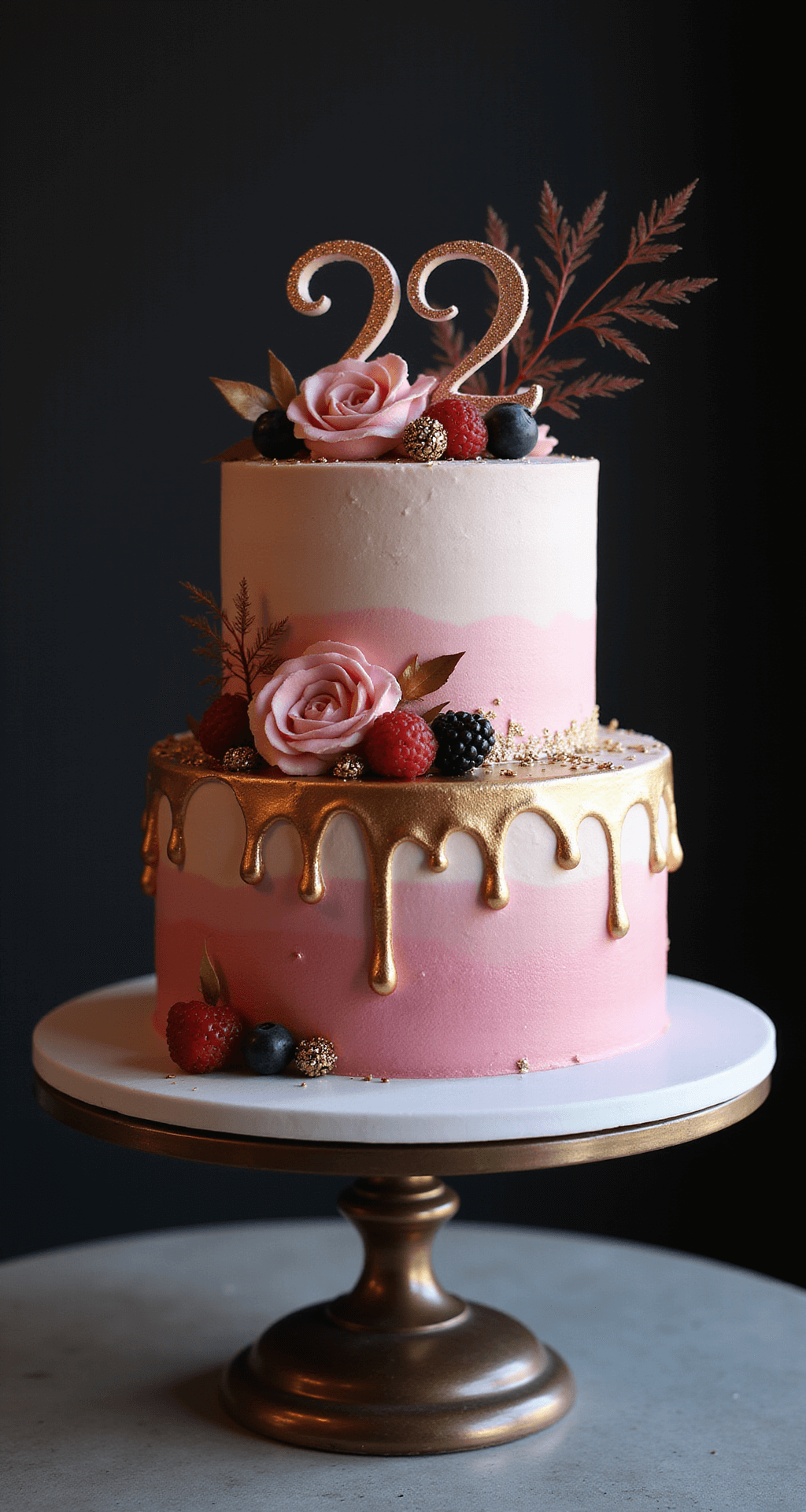 A two-tiered pink ombré birthday cake with gold drip, fresh berries, and a rose gold '22' topper, displayed on an elegant stand against a dark background.