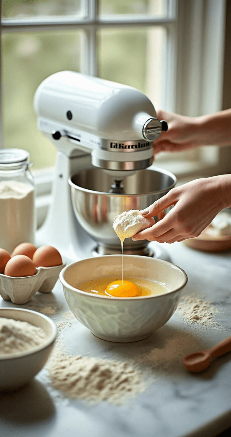 Close-up of a marble countertop with ingredients arranged for baking, featuring a blurred stand mixer, hands cracking a farm-fresh egg into a vintage bowl, flour and sugar containers, and professional baking tools, all illuminated by natural window light.
