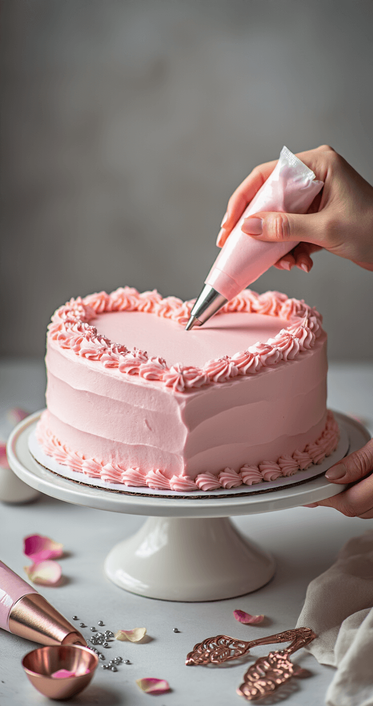 Overhead view of a heart-shaped cake decorated with soft pink buttercream and intricate vintage-style borders, with rose petals and silver dragées scattered around, illuminated by dramatic side lighting.