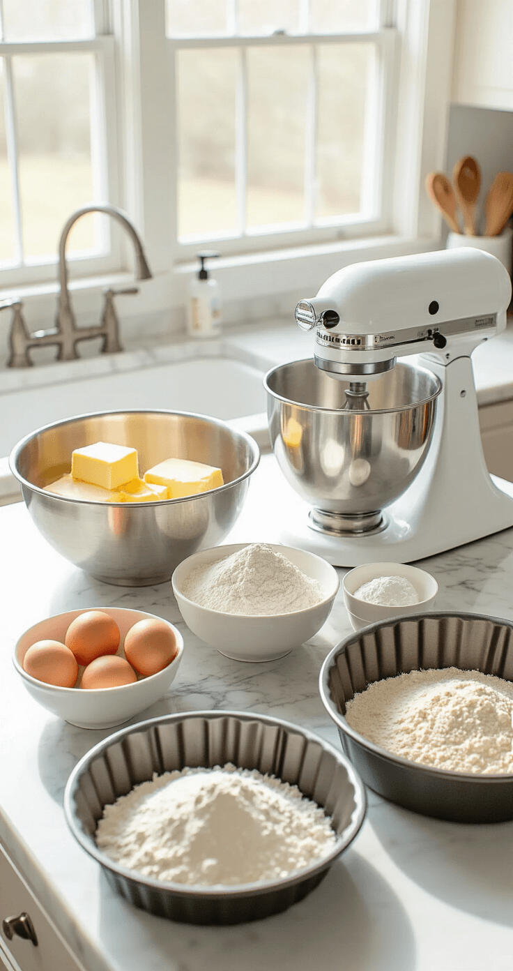 A sunlit kitchen counter with neatly arranged baking ingredients, including metal mixing bowls with butter, eggs, and flour, an electric mixer, and lined cake pans on a marble countertop.
