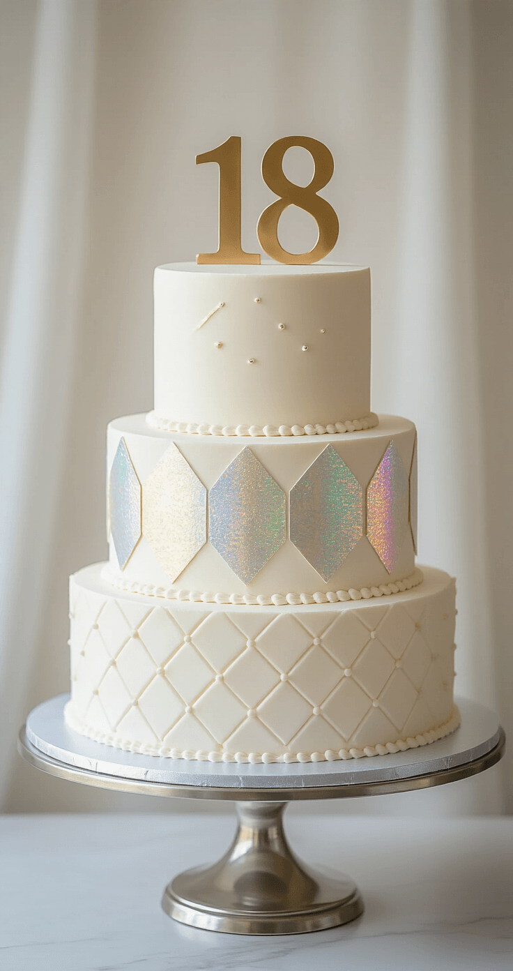 A three-tiered 18th birthday cake in white buttercream with holographic accents, elegant geometric fondant patterns, and a metallic gold '18' topper, displayed on a silver cake stand against a blurred background.