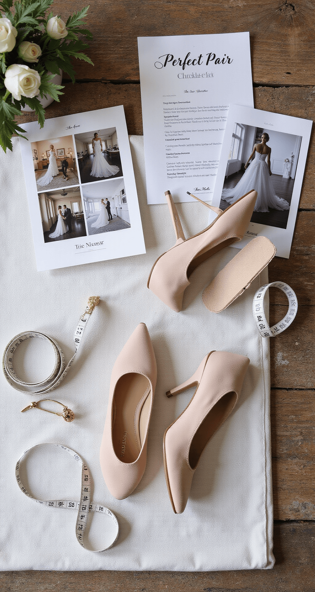 Overhead view of a professional stylist's studio featuring industrial-chic decor, displaying a 'perfect pair checklist' with measuring tape, venue photos, dress fabric swatches, comfort insoles, and wedding shoes, all arranged neatly with studio lighting highlighting the organized details.