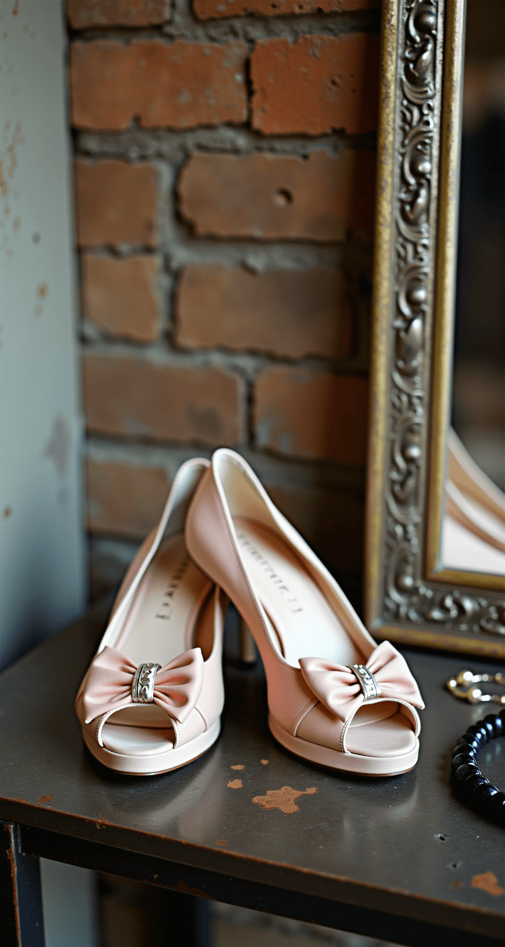 A contemporary wedding preparation space featuring industrial-chic elements, showcasing Kate Whitcomb's Valentina bow-detailed shoes and coordinating accessories against a backdrop of mixed metals and exposed brick, highlighted by directional lighting from a 45-degree angle.