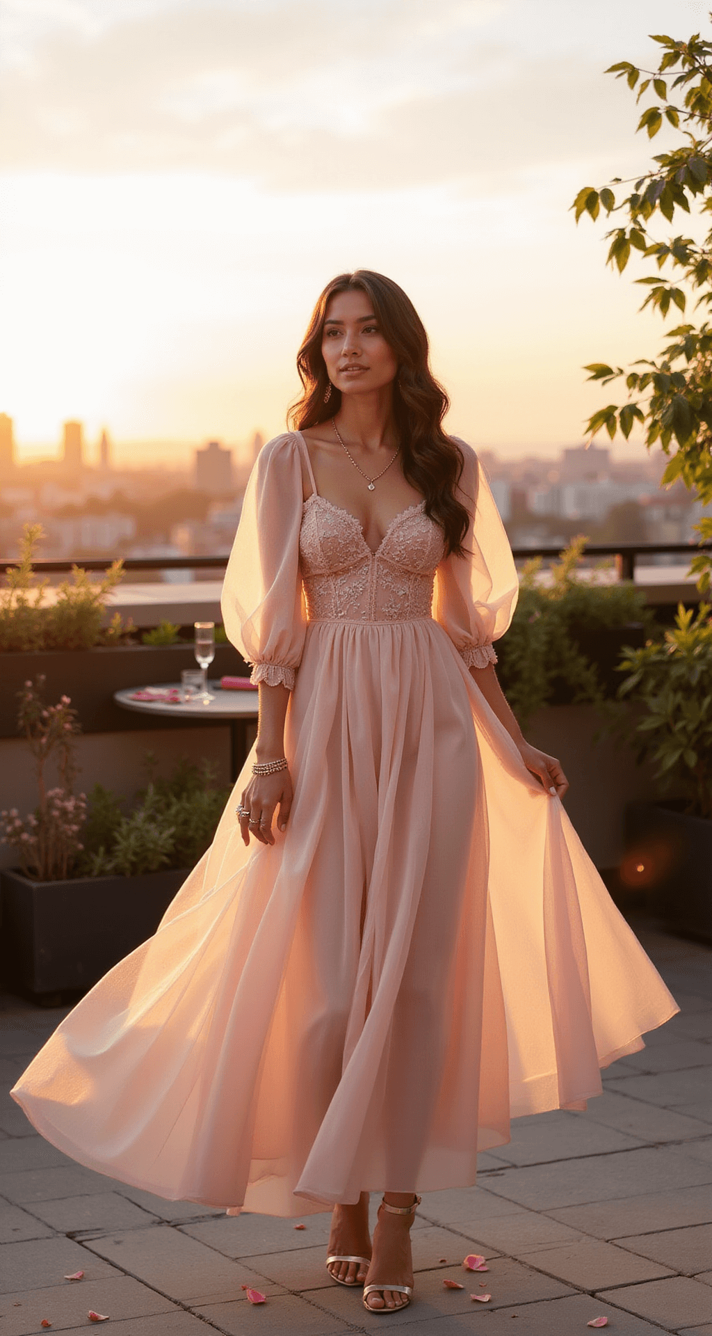 A model in a flowing blush tulle midi dress with balloon sleeves and floral embroidery stands in a romantic rooftop garden during golden hour, surrounded by rose gold accessories, crystal champagne glasses, and scattered rose petals, captured from a low angle against a cityscape backdrop.