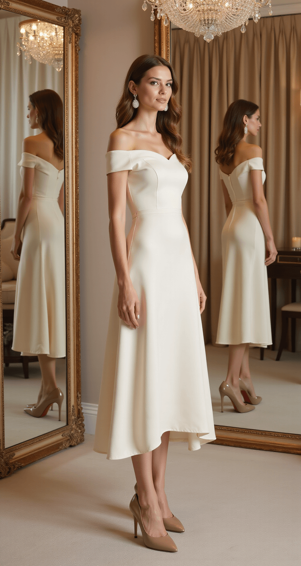 A classic beauty trying on a cream off-shoulder midi dress in a luxurious boutique dressing room, surrounded by champagne-colored velvet curtains and a crystal chandelier, with elegant pearl drop earrings and nude Louboutin pumps, captured in soft lighting with multiple mirrors reflecting the dress.