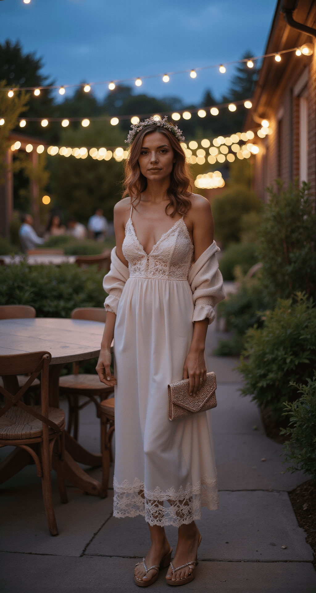 A bride in an ivory lace-trimmed slip dress and soft cashmere wrap stands in a garden terrace setting adorned with string lights at blue hour, complemented by a delicate flower crown of baby's breath and tiny roses, vintage-inspired accessories, and a magical bokeh effect from fairy lights in the background.