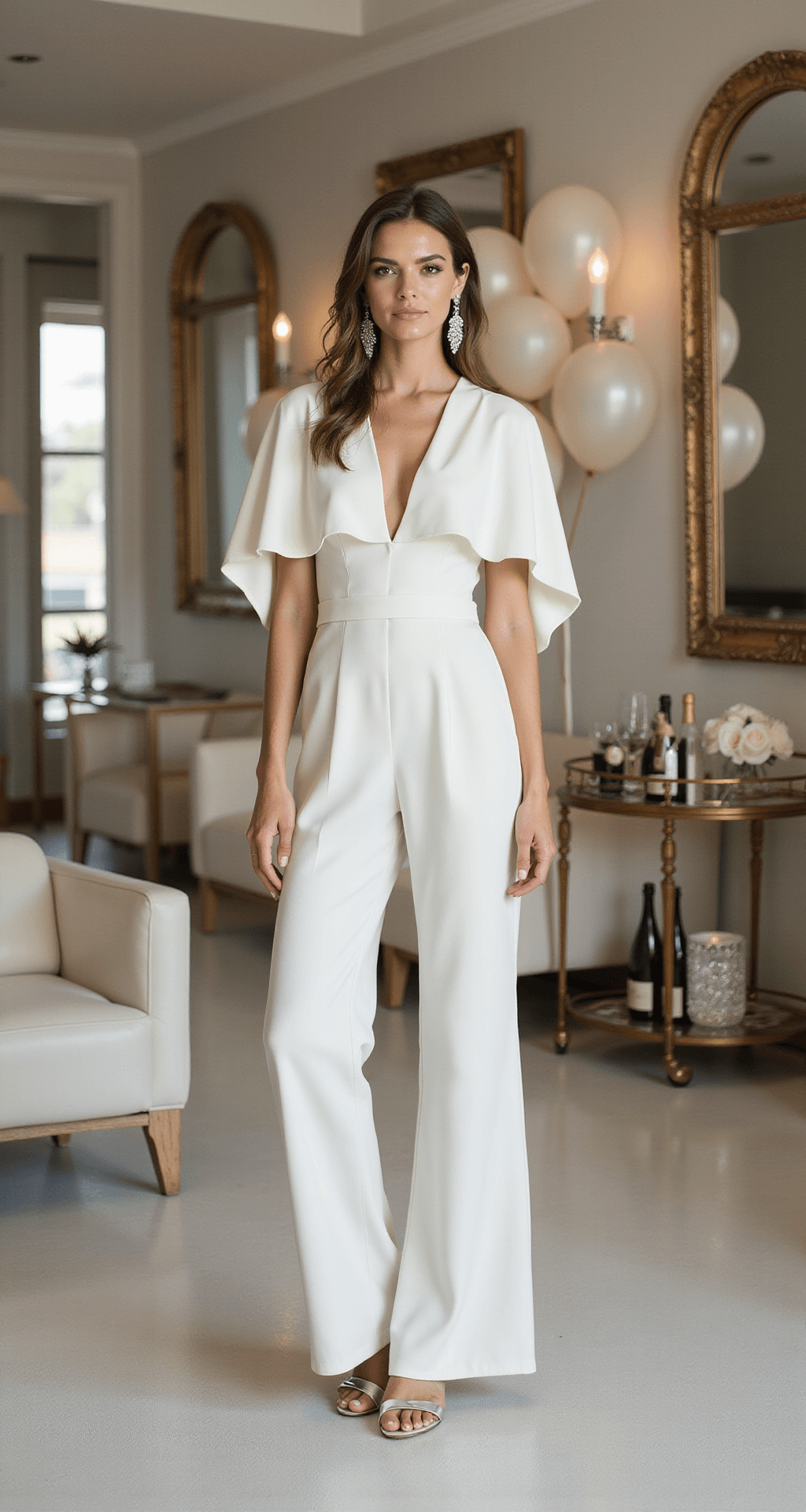 A contemporary bridal salon featuring floor-to-ceiling mirrors and plush seating, with a model in a modern winter white crepe jumpsuit and dramatic cape overlay, accessorized with statement crystal earrings and metallic platform sandals. The scene includes a champagne bar cart and celebration balloons, illuminated by clean, bright lighting that highlights the outfit's elegant lines.