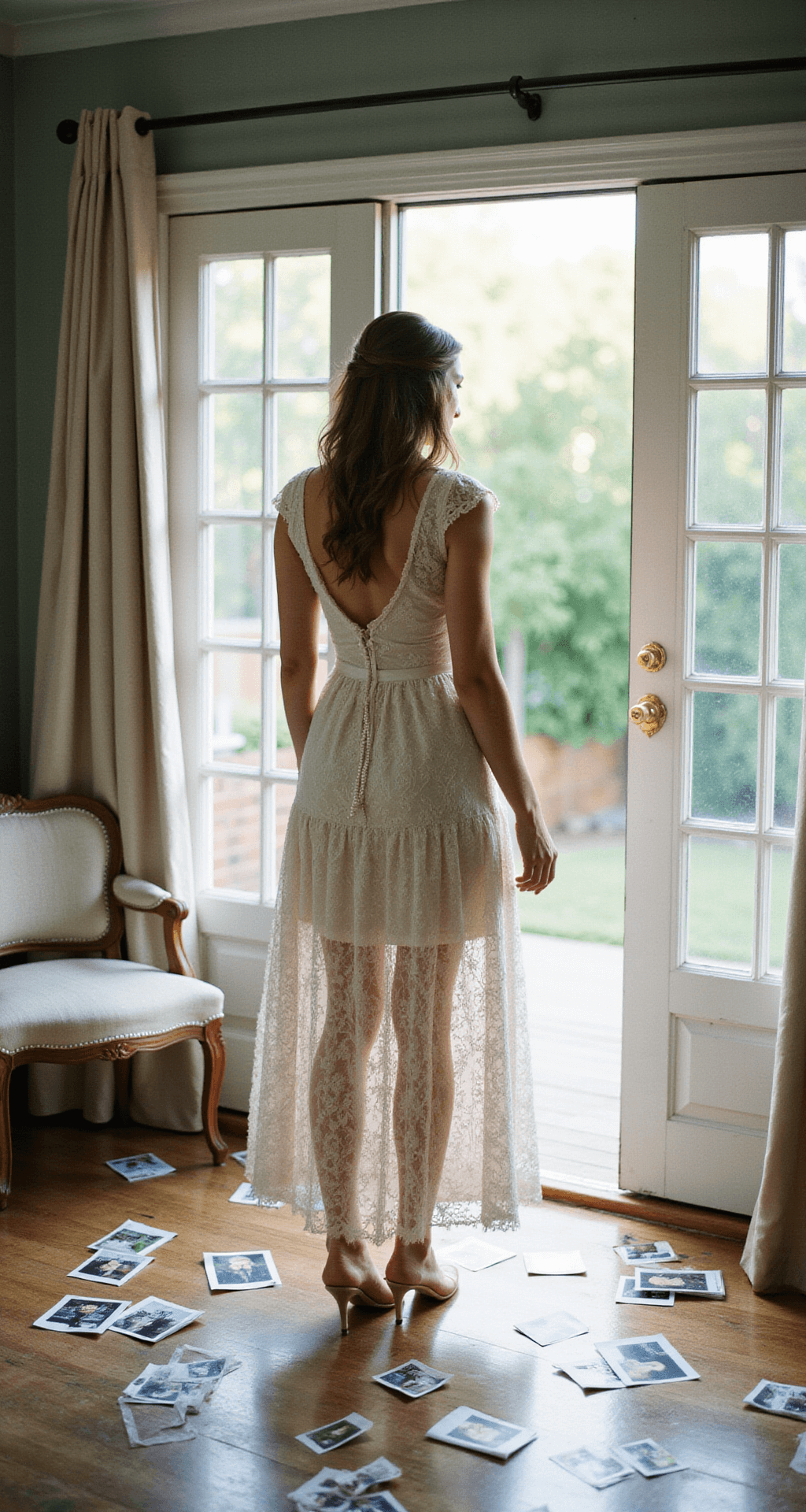 Bride in a vintage tea-length dress with lace, standing by French doors in an intimate home setting, late afternoon light illuminating scattered polaroid photos and wedding magazines.