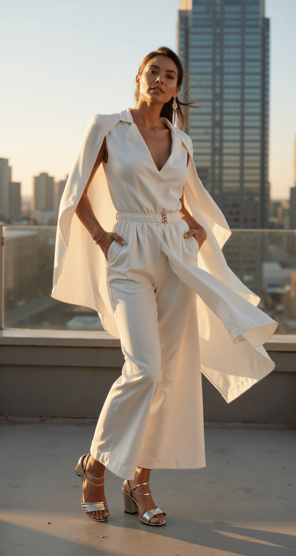 A model in a sleek white jumpsuit with dramatic cape sleeves poses confidently on a modern rooftop terrace during golden hour, with a city skyline in the background. The structured crepe fabric and metallic accessories, including geometric gold earrings and strappy silver sandals, are accentuated by the warm sunset lighting. The shot is taken from a low angle, highlighting the model's powerful stance and the flowing movement of the fabric.