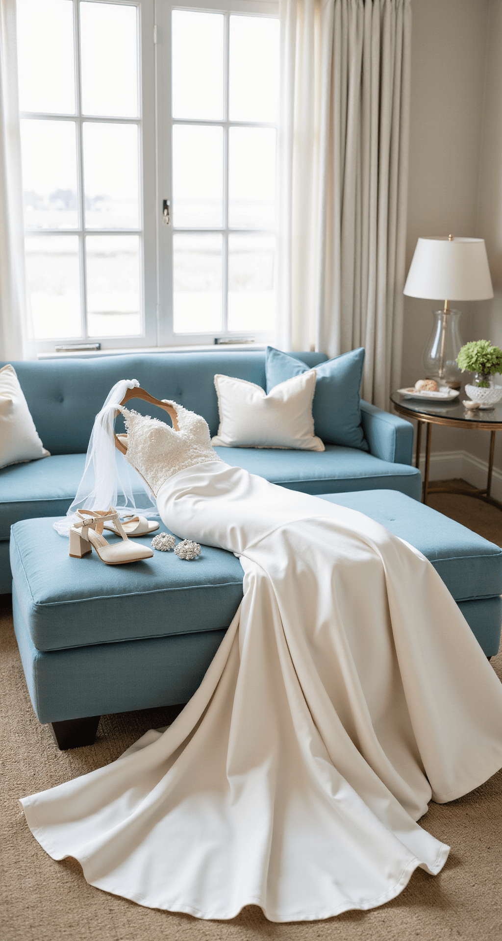 An elegant ivory silk charmeuse mermaid gown draped over a plush velvet ottoman in a bright, airy beach house master bedroom, with pearl drop earrings, crystal-embellished heels, and a delicate veil arranged nearby. Soft blues and sandy neutrals in the coastal decor enhance the bridal scene, illuminated by natural light streaming through sheer curtains.