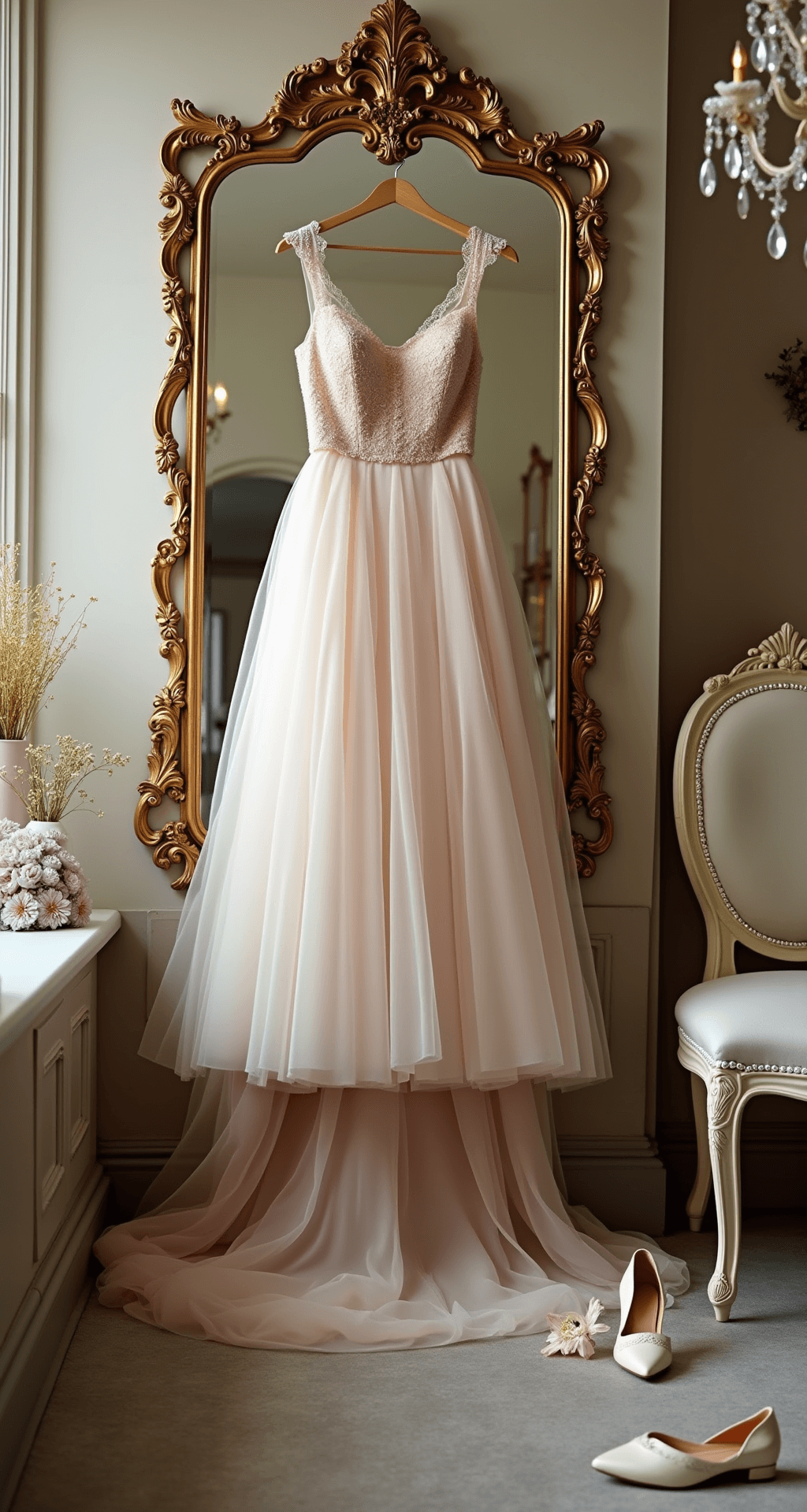 A vintage-inspired boutique dressing room featuring a champagne tulle empire-waist gown hanging from a gold hook, surrounded by antique mirrors and crystal chandeliers, with botanical accessories like pearl hair pins, an embroidered veil, and ivory satin shoes scattered around, all bathed in soft, diffused lighting that enhances the romantic atmosphere.