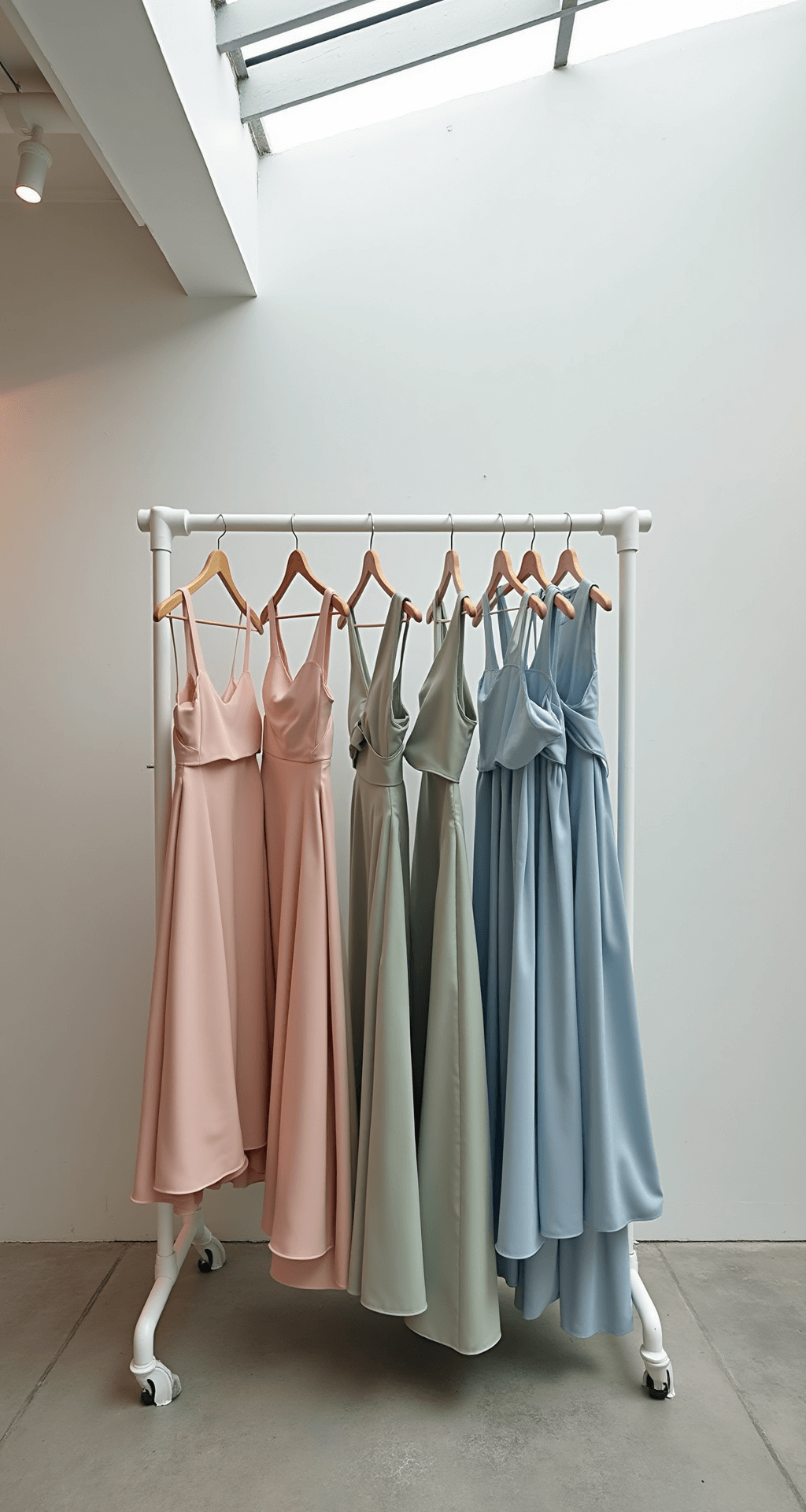 A wide-angle view of a modern minimalist bridal salon filled with a curated rack of non-traditional engagement dresses, featuring a blush pink slip dress, sage green silk wrap dress, and powder blue column gown with cape overlay, set against clean white walls and concrete floors, illuminated by natural skylight.