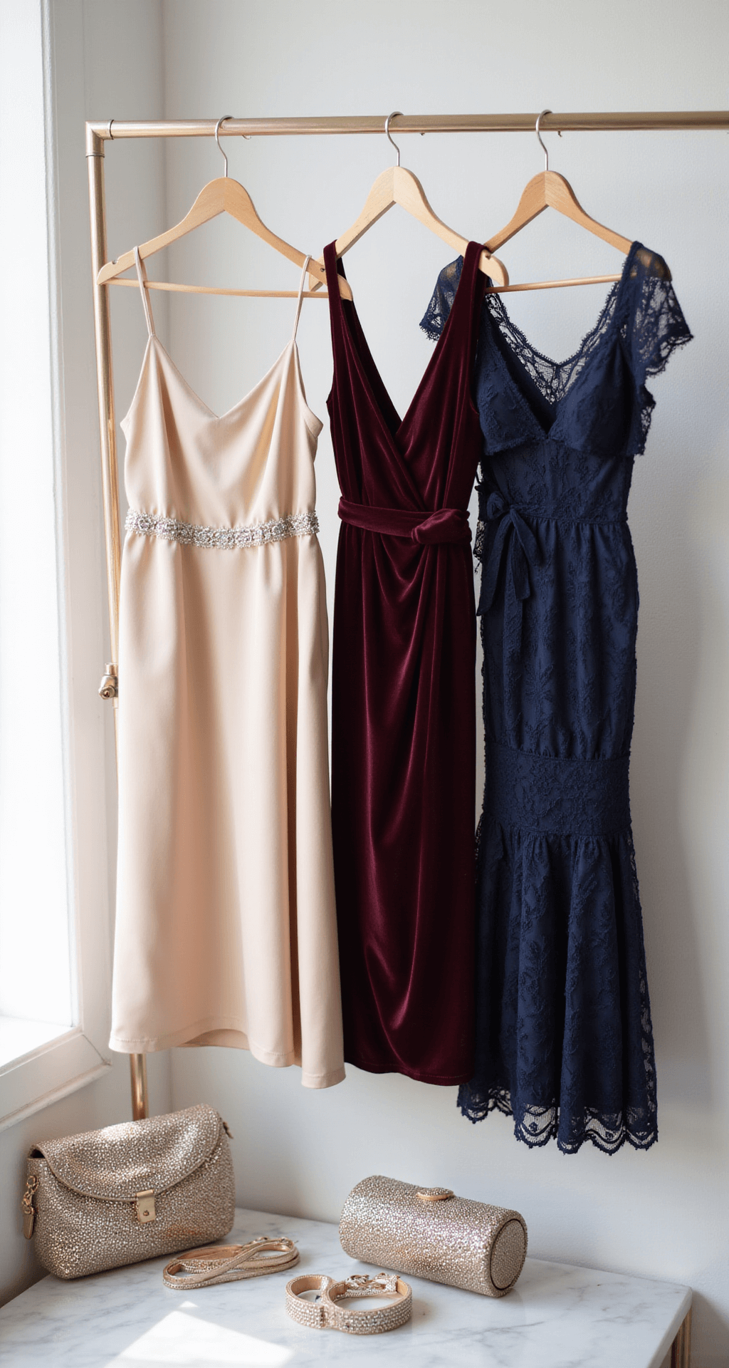 A minimalist bridal boutique bathed in morning light, featuring a styled rack of sister-of-the-bride dresses: a champagne silk slip dress, a burgundy velvet wrap gown, and a navy lace cocktail dress. Crystal accessories and metallic evening bags are elegantly displayed on a marble counter, emphasizing texture in a clean composition.