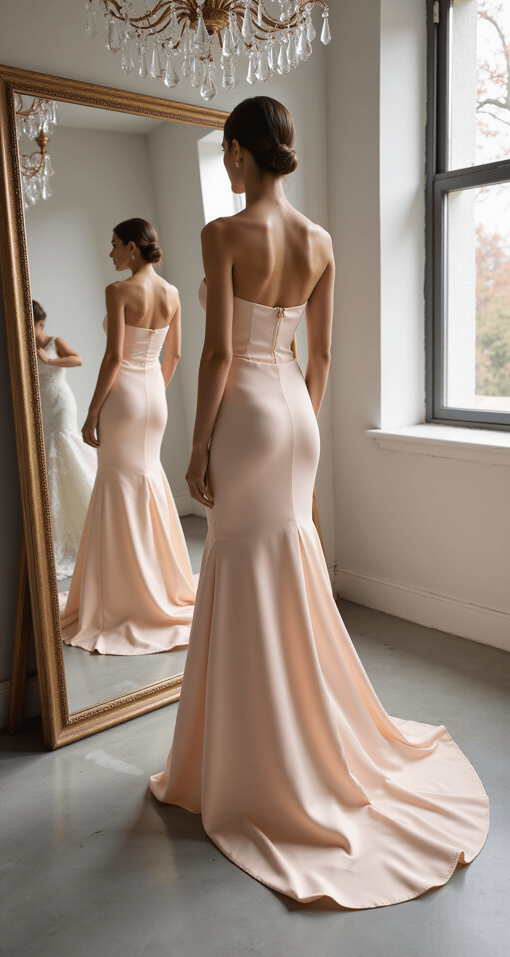 Model in a blush-toned silk charmeuse gown with asymmetric neckline stands before a triple mirror in a luxury bridal boutique, morning light illuminating the gentle draping of her dress, while sparkles from a crystal chandelier reflect off the fabric.
