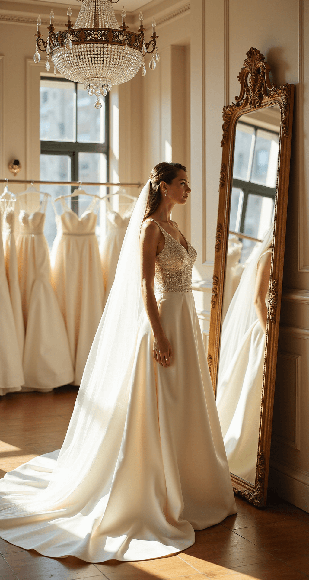 A bride in a classic ivory duchess satin ballgown poses beside a full-length mirror in a sunlit bridal boutique, with sunlight streaming through floor-to-ceiling windows and a crystal chandelier casting light patterns, while her cathedral veil floats softly around her.