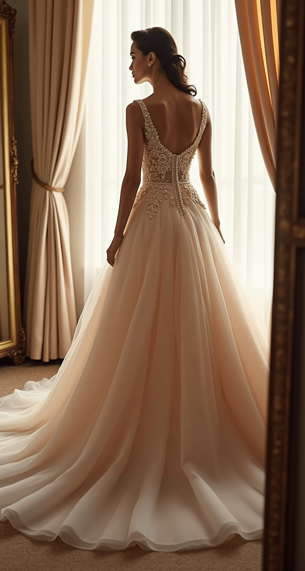 Close-up of a model in an hourglass-silhouette tulle ballgown with a layered skirt and hand-beaded bodice, set in an intimate fitting room with antique brass mirrors. Afternoon light filters through sheer curtains, illuminating delicate lace appliques and showcasing strategic boning and pearl embellishments on the bodice. The scene features a romantic pastel palette with champagne and blush undertones.