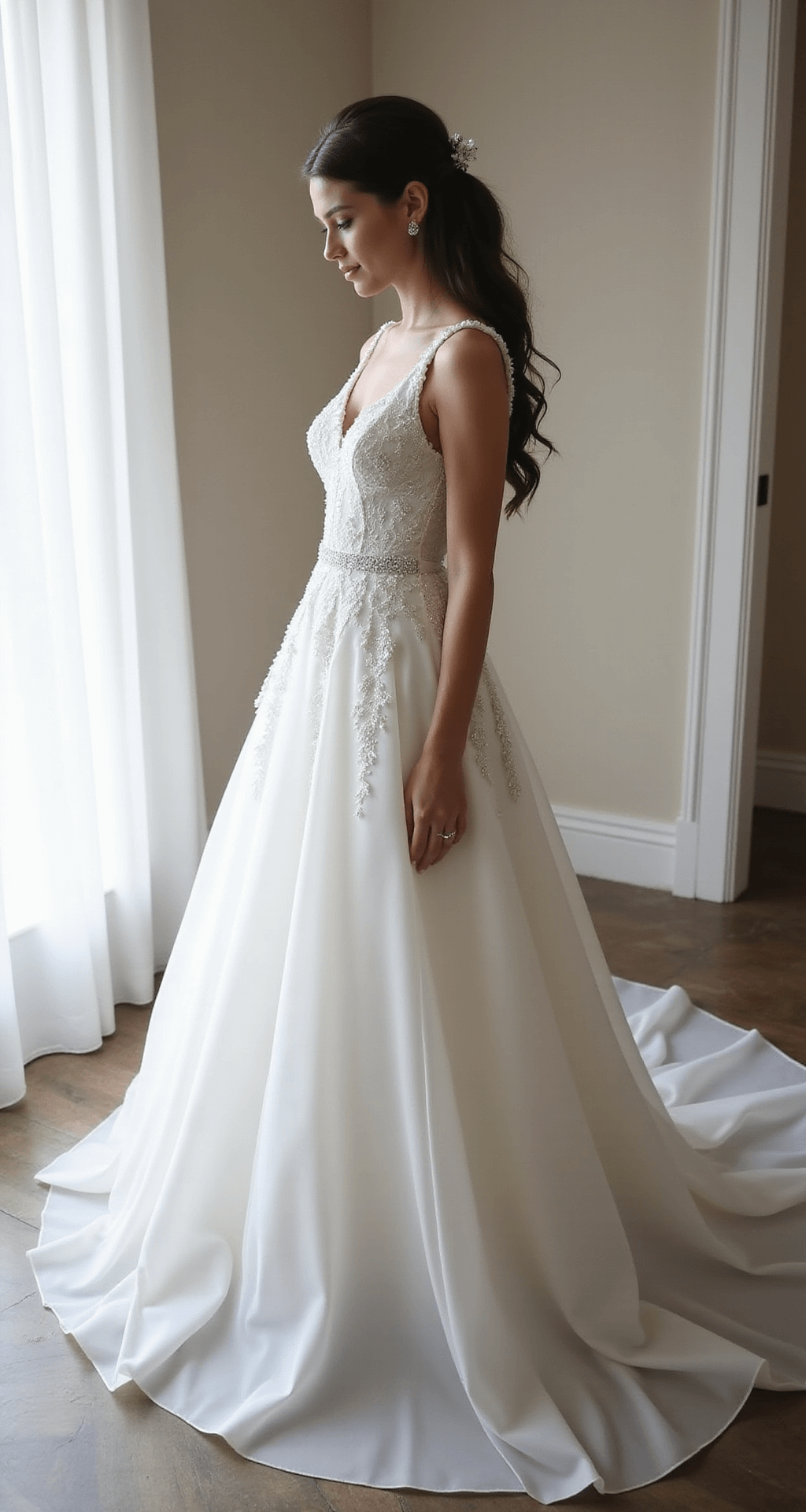 Petite bride in a carefully proportioned ballgown with an empire waistline, featuring clean lines and an ornate lace overlay, captured in natural window light that highlights the subtle sparkle of the skirt. The image showcases a side profile with perfect volume proportions in a crisp white and silver palette.
