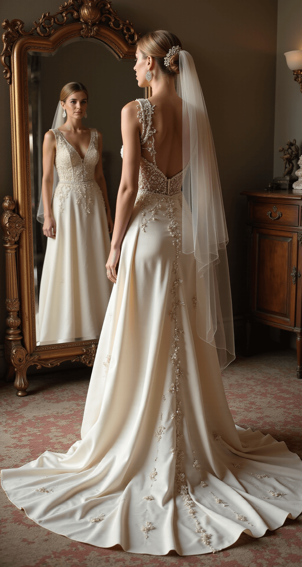 A model in a Victorian-inspired dressing room tries on a luxury designer gown with a dramatic train, while a vintage floor mirror reflects the intricate back detail of the dress. Soft lighting highlights the beadwork and fabric texture, alongside statement earrings and a chapel-length veil arranged artfully, all in rich cream, pearl, and antique gold hues.