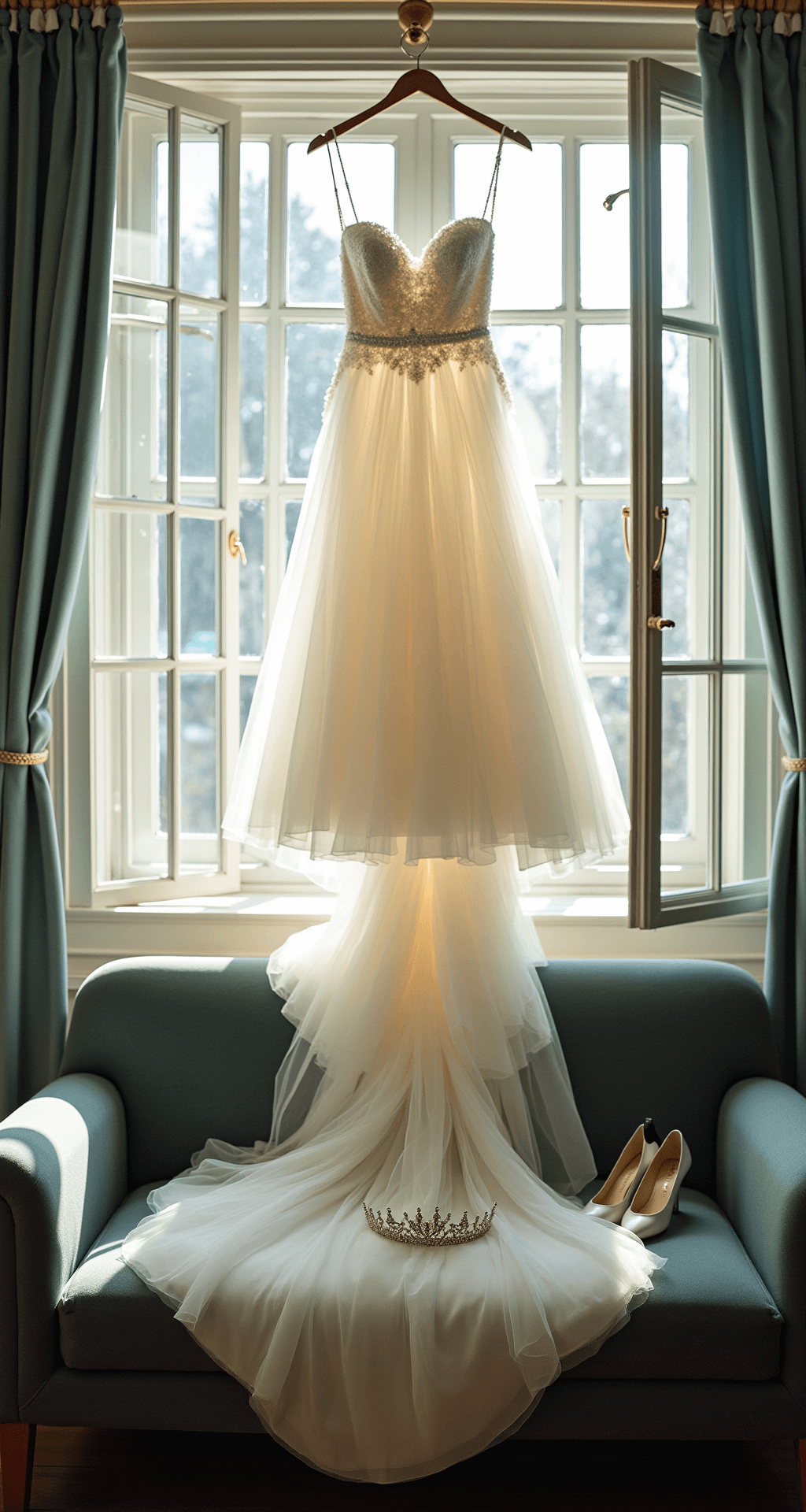 An airy bridal preparation room bathed in morning light, featuring a wedding dress on a custom hanger with a full tulle skirt, and accessories including a tiara, shoes, and jewelry artfully arranged on a velvet settee, all depicted in ethereal white and pale blue tones from an overhead perspective.