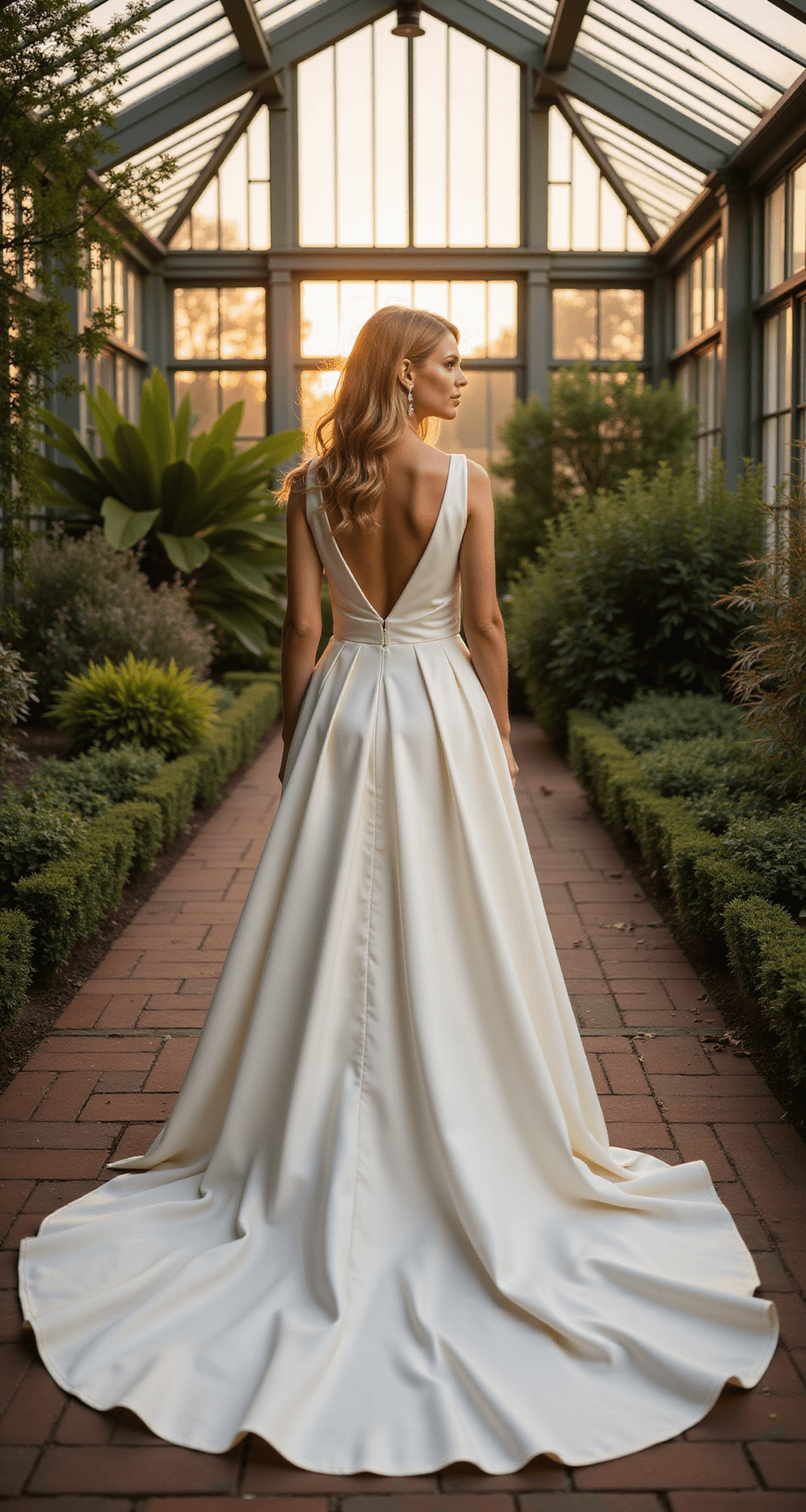 A bride in a classic ballgown with a dropped waistline poses in a garden conservatory during sunset, with intricate lighting from the glass ceiling illuminating her dress details and the train. Lush green foliage contrasts with her ivory gown, creating an elegant and romantic atmosphere.