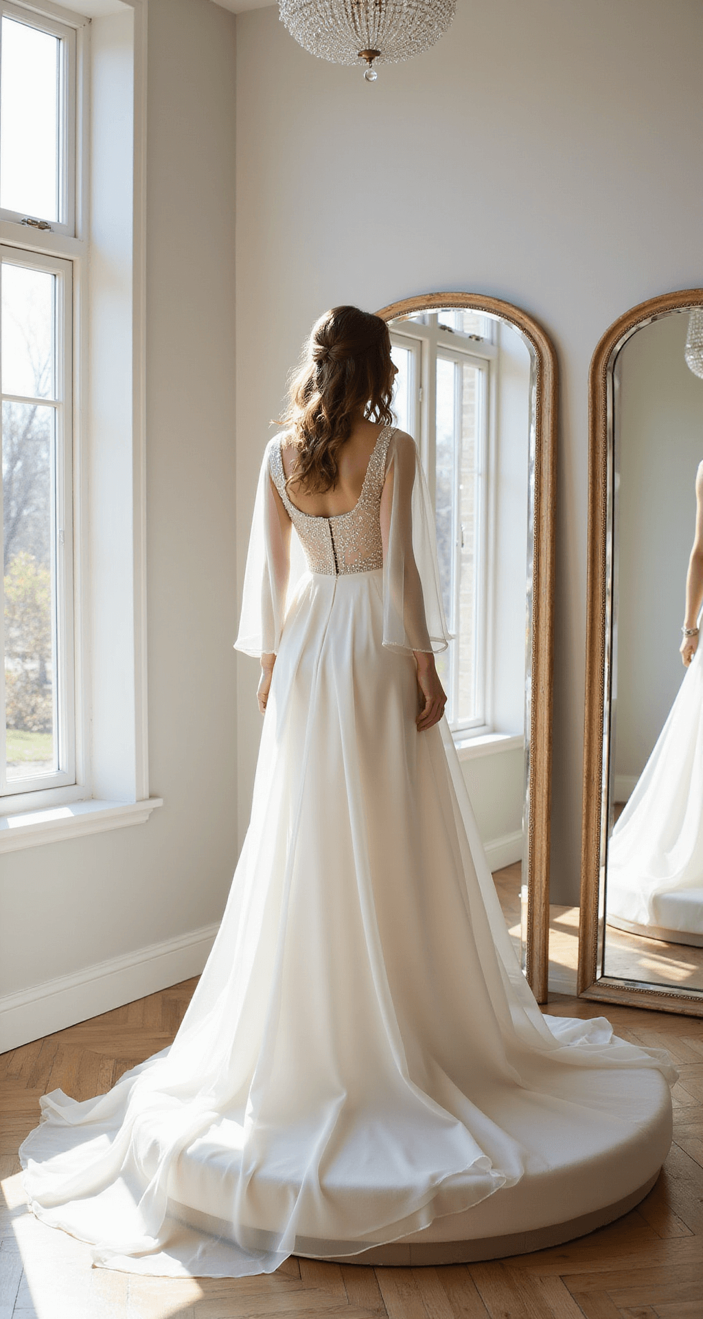 A bride in a modern A-line gown with a subtle sparkle organza overlay stands on a circular pedestal in a sun-drenched bridal boutique, with morning light illuminating her dress's delicate beading and reflecting in triple mirrors. The minimalist white interior features a crystal chandelier.