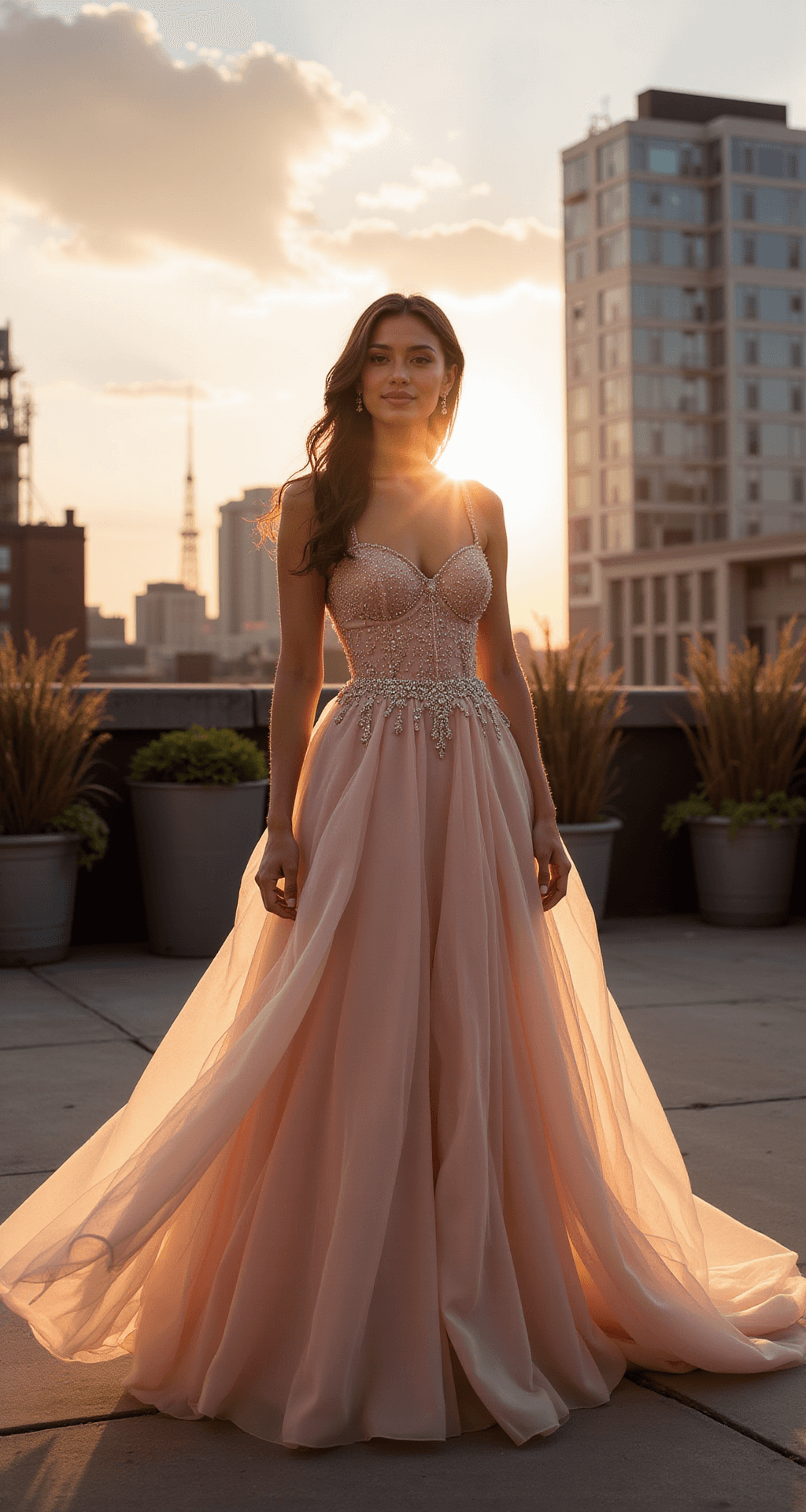 Model in a blush ballgown with structured bodice and flowing tulle skirt poses in a rooftop garden at golden hour, with the Manhattan skyline behind, showcasing the dress's details and ethereal movement against an industrial backdrop.