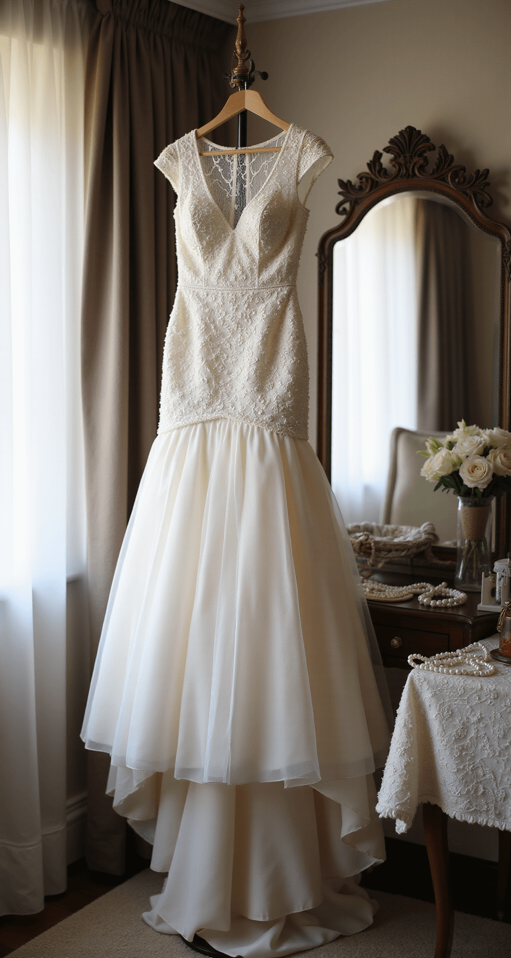 Close-up detail of a mixed-material wedding dress with geometric lace overlay and tulle, hanging on an ornate stand in a softly lit bridal suite corner. A vintage vanity table with pearl accessories is blurred in the background, emphasizing the fabric textures and beadwork captured with a macro lens.