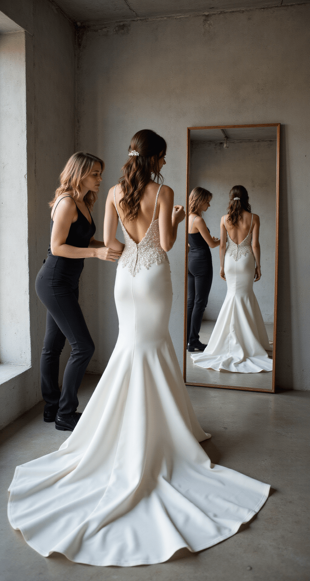 A bride in a minimalist dressing room examines a sleek mermaid gown with a detachable overskirt in a full-length mirror, while an assistant adjusts the gown's train amidst contemporary concrete walls, bathed in diffused afternoon light.