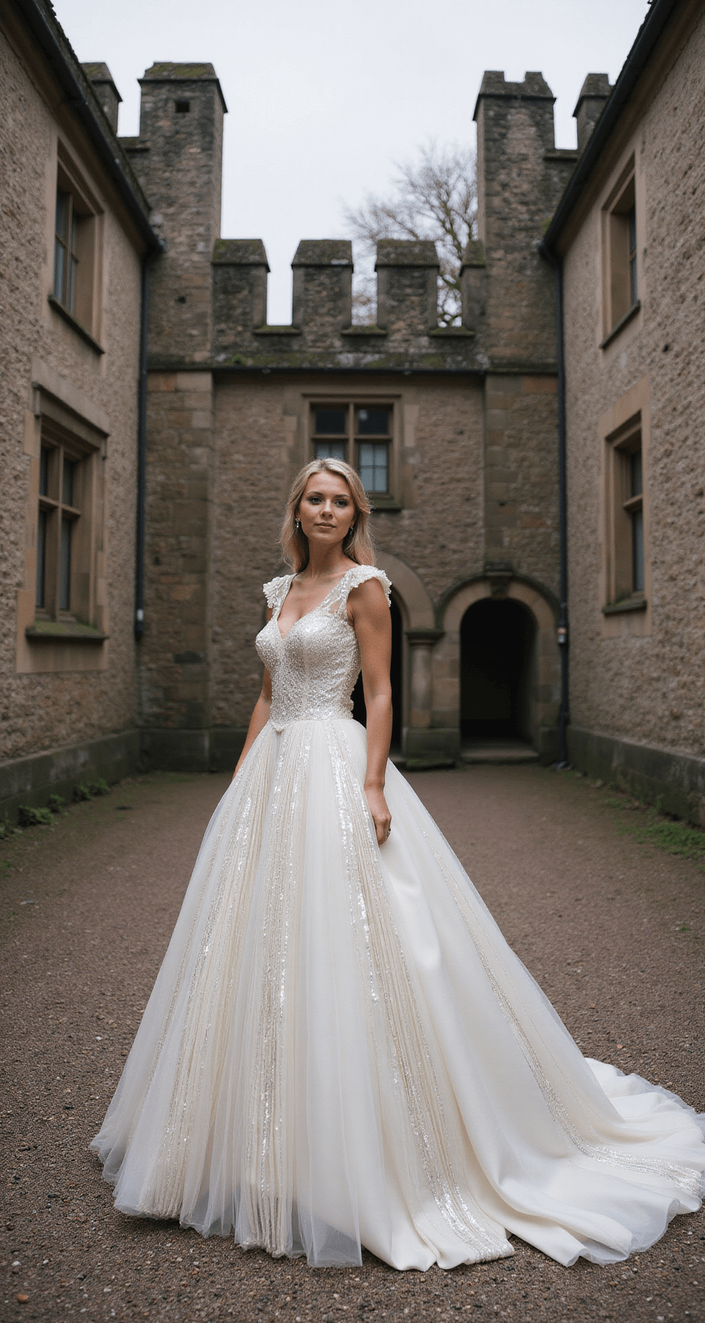 Bride in a modern ballgown with metallic threading and architectural pleating, posing in a historic castle courtyard under soft overcast light; ancient stone walls provide a textured backdrop, shot from ground level to highlight the dress's volume and the regal setting.