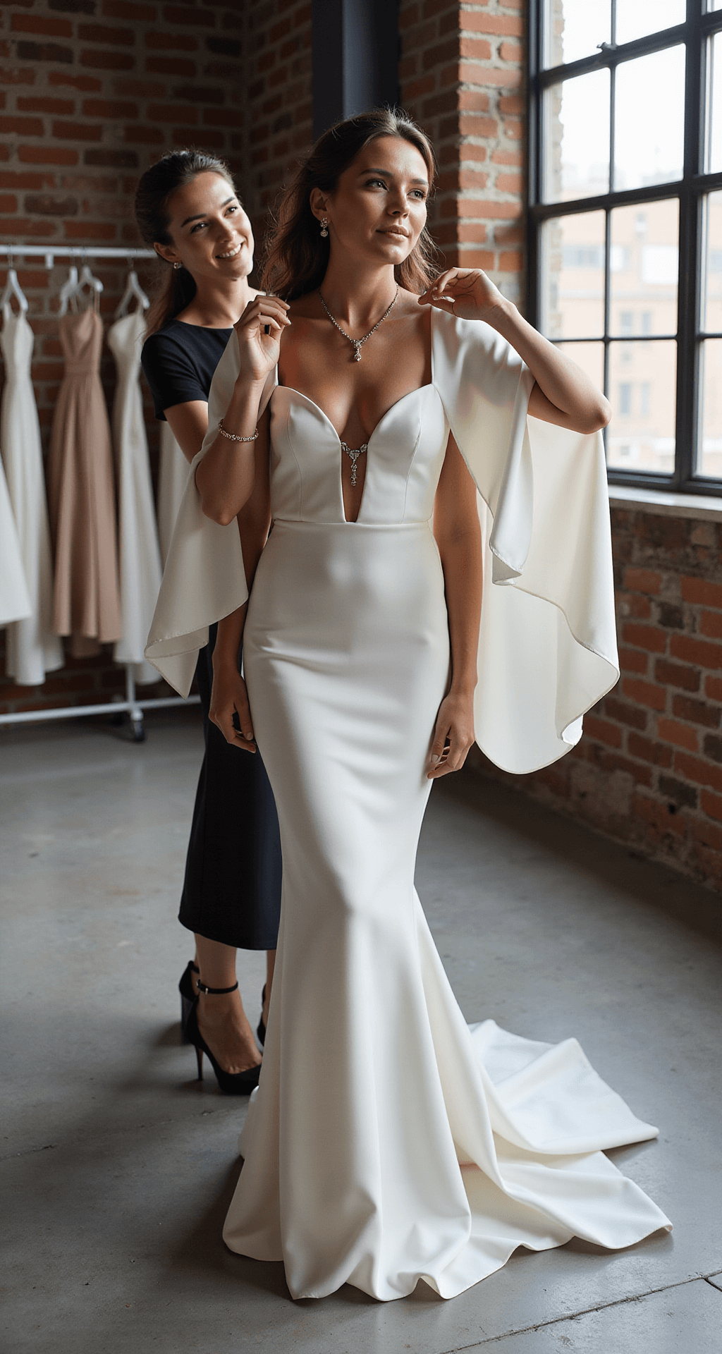 Bride in a simple silk crepe gown with a dramatic cape sleeve, trying on various jewelry pieces in an airy modern loft with industrial windows, exposed brick walls, and designer gowns in the background, captured in a documentary-style.