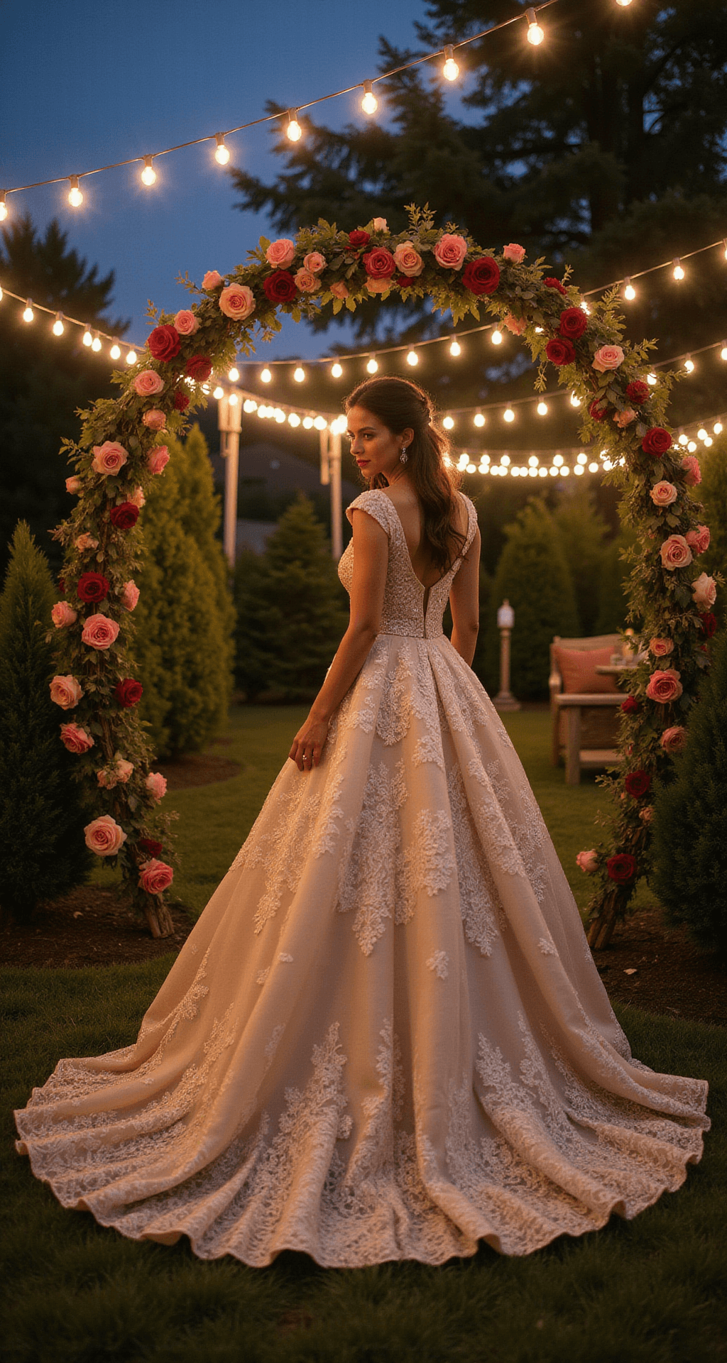 A bride in a color-tinted champagne ballgown with graphic lace patterns twirls in a twilight garden, framed by a vintage rose arch and illuminated by ambient string lights. The soft uplighting highlights her dress details while the slow shutter captures a subtle motion blur as her gown catches the evening breeze.