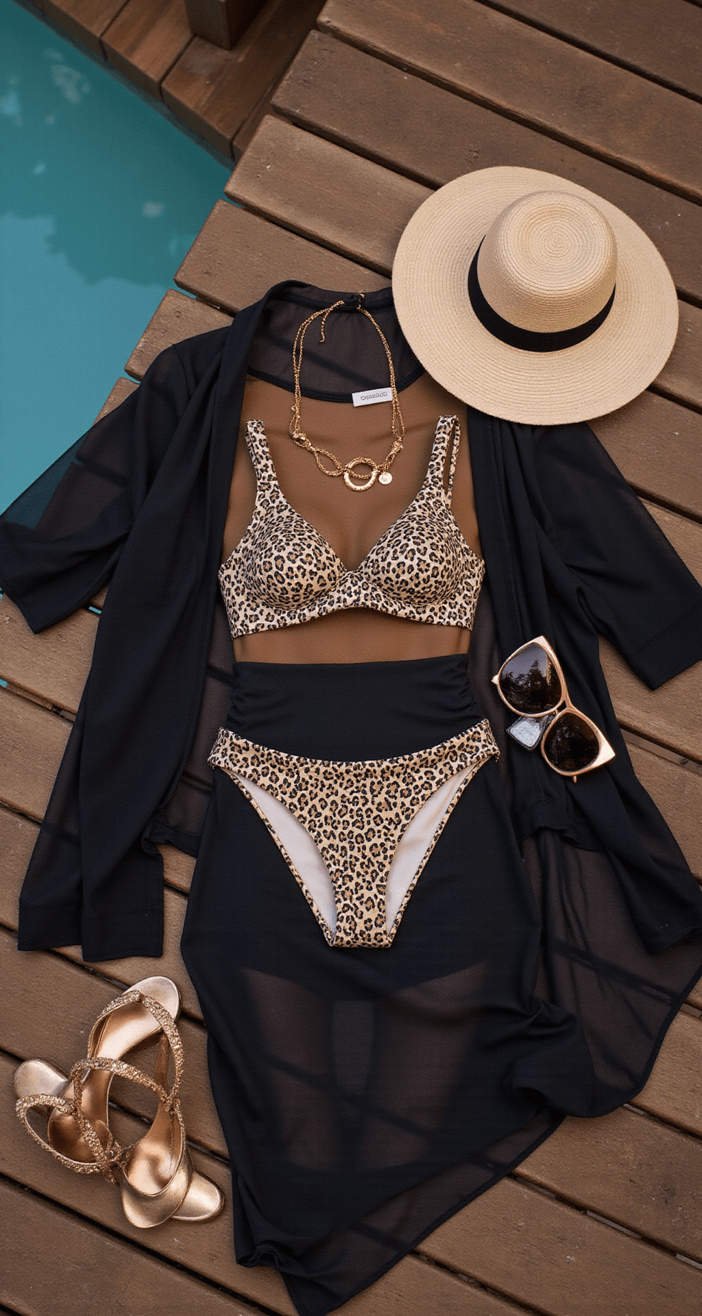 Close-up of a stylish poolside cabana scene at dusk featuring a leopard-print bikini set, sheer black cover-up, metallic sandals, and sun protection accessories, all arranged on textured teak decking with a focus on rose gold jewelry accents.