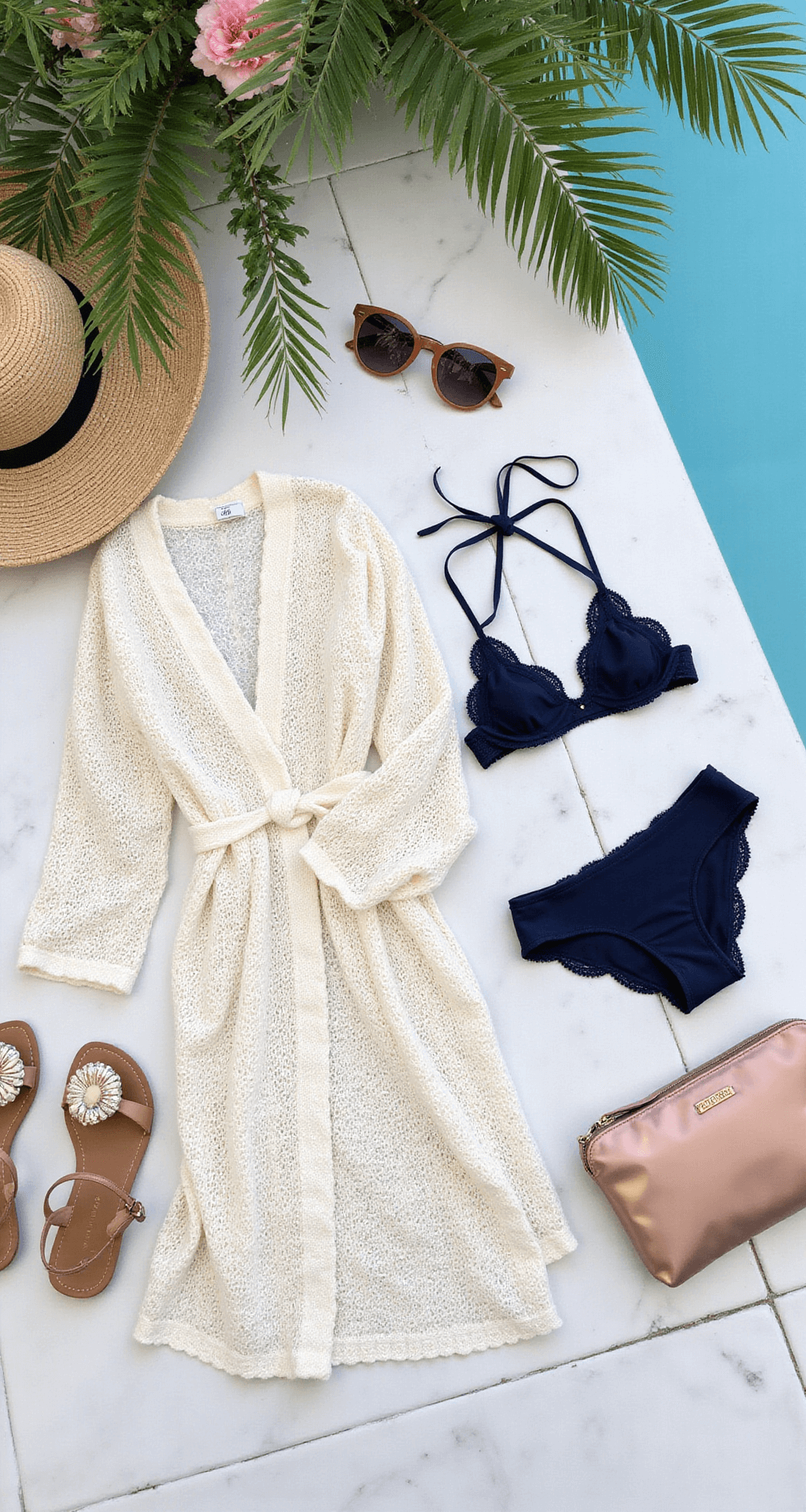 Intimate poolside fashion flat lay at magic hour, showcasing a crochet cover-up dress, navy bikini, oversized sunglasses, woven sun hat, shell sandals, and metallic rose gold clutch on white marble tile, accented with fresh flowers and palm fronds.