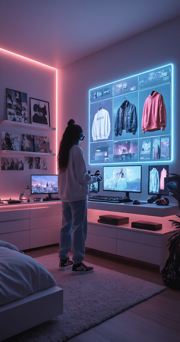 A stylish modern bedroom featuring a gaming setup, fashion mood boards, and a holographic display showcasing a mix of streetwear and digital luxury pieces, bathed in soft ambient lighting, captured in a lifestyle documentary style.