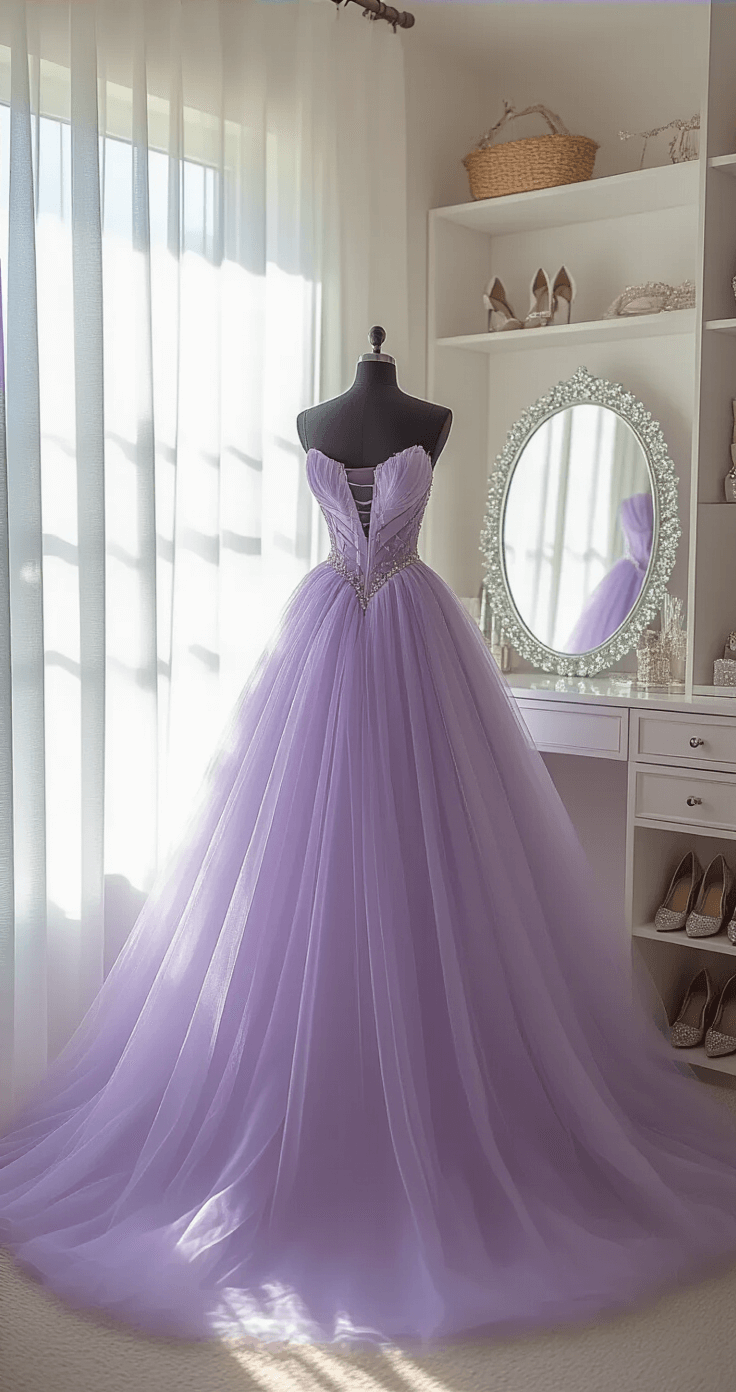 A sunlit walk-in closet showcasing a lilac tulle gown on a luxury mannequin, with organized sparkly heels, a crystal-draped vanity mirror, and neatly arranged hair accessories, all captured in a wide-angle shot.
