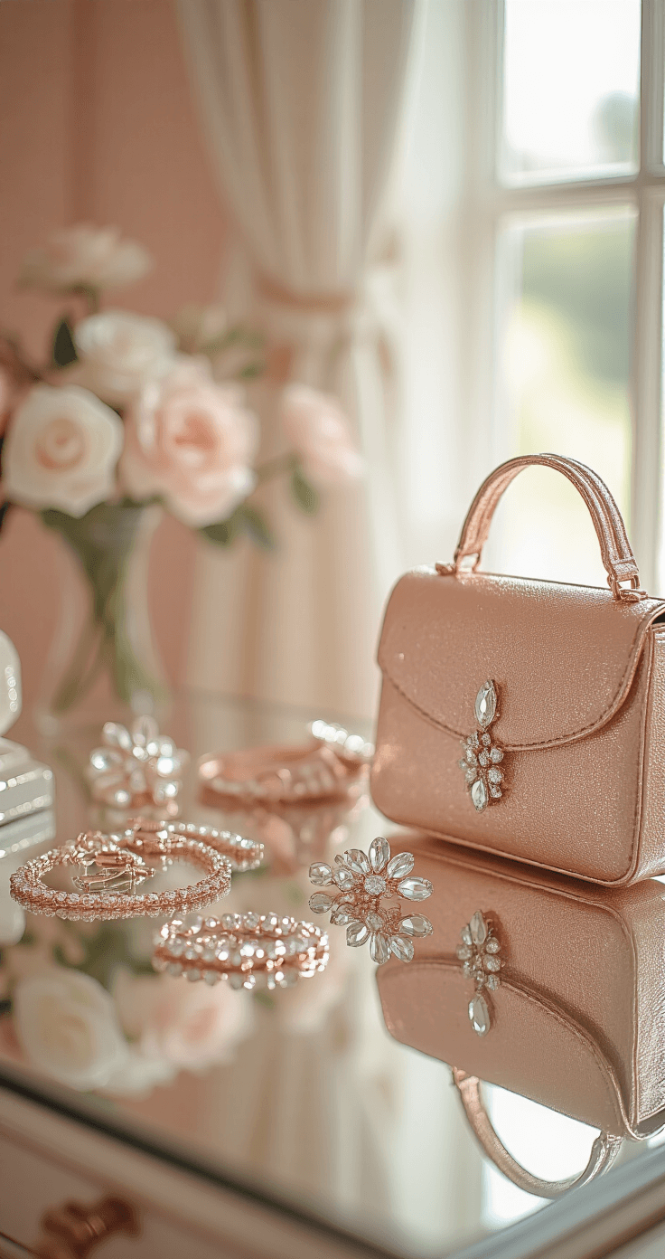 Close-up of a mirrored vanity in a vintage-inspired bedroom, featuring layered delicate necklaces, crystal hair clips, and a metallic rose gold evening bag against pastel walls with soft afternoon light.