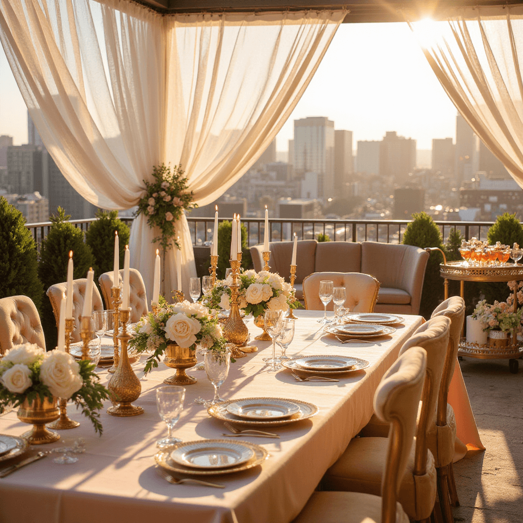 A romantic rooftop terrace set for an anniversary celebration, featuring a long table with blush pink silk linens, gold candelabras, white peony centerpieces, and crystal champagne flutes, all bathed in golden hour light with a city skyline in the background. Plush velvet lounge furniture and a vintage bar cart with artisanal cocktails enhance the intimate atmosphere.