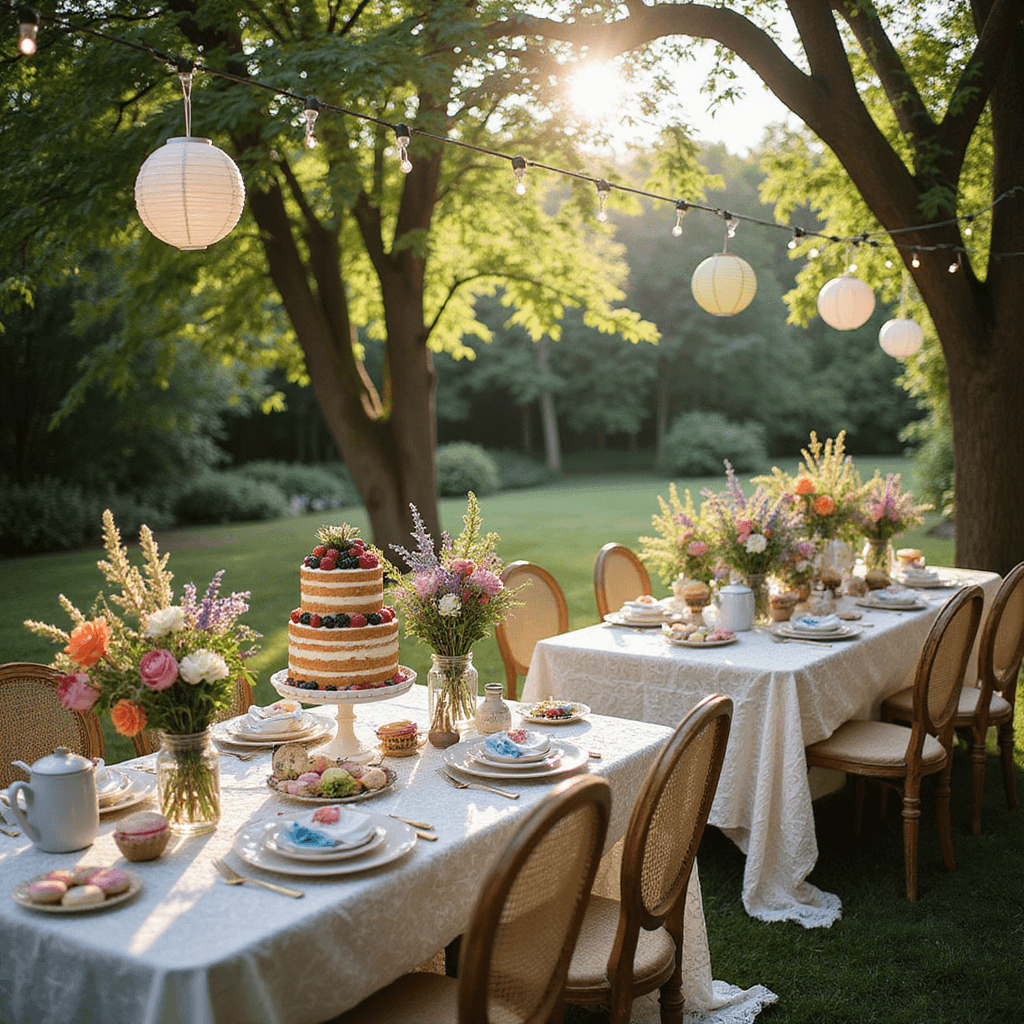 Whimsical garden party setup for a milestone birthday, featuring vintage tables with lace cloths, wildflower arrangements, mix-and-match china, fairy lights, a dessert table with a tiered naked cake, and a lush green background.