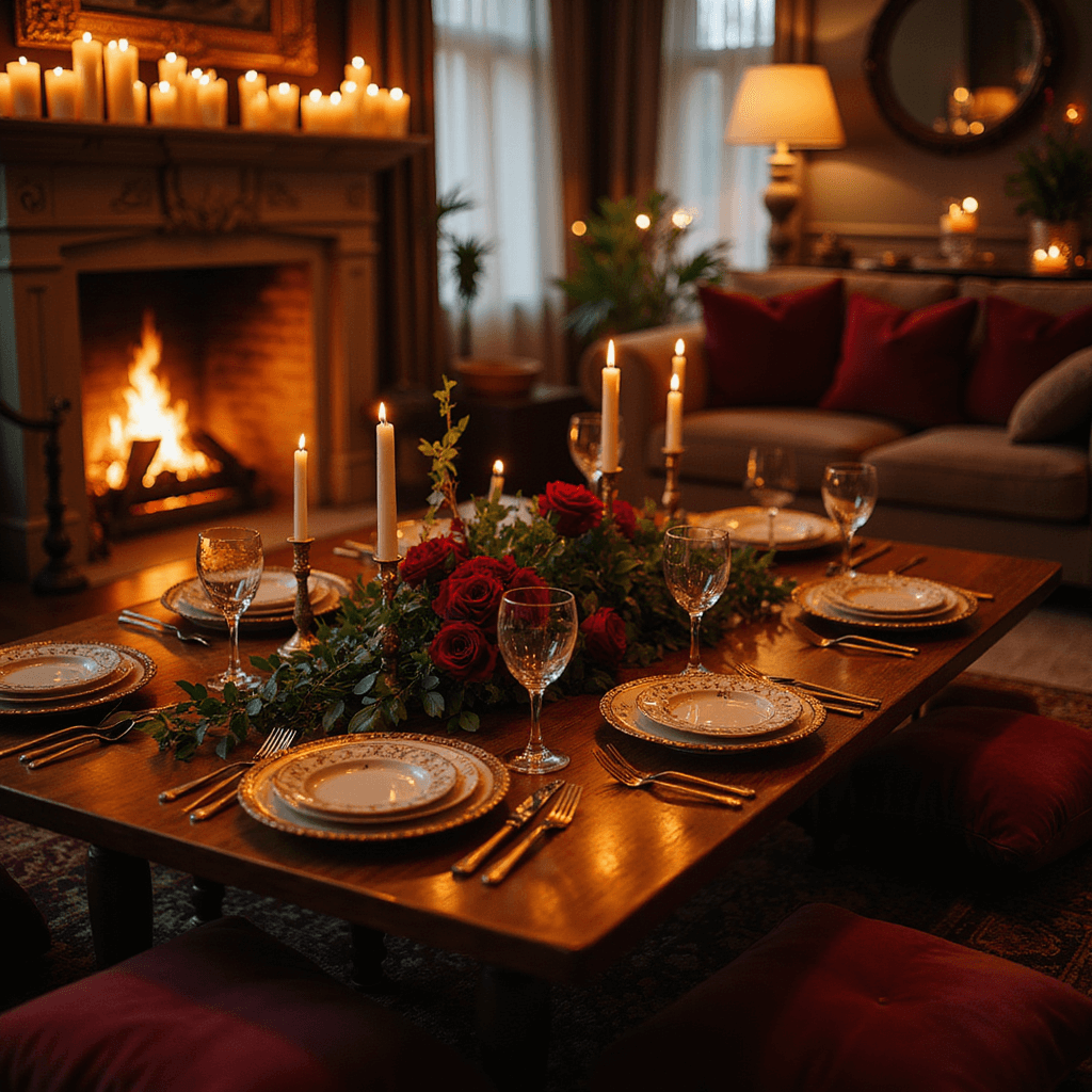 Intimate candlelit dinner party in a cozy living room, featuring a low table draped in burgundy velvet, set with gold-rimmed plates and antique cutlery. A floral centerpiece of deep red roses and tealights shines in soft lighting, with plush floor cushions and a crackling fireplace in the background.