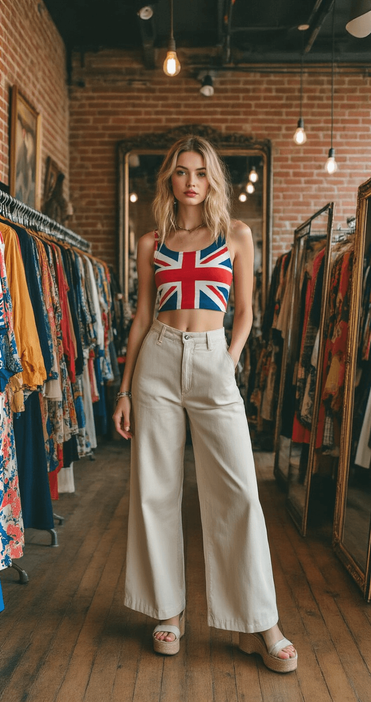 A fashion blogger showcases a modern outfit featuring a Union Jack crop top paired with high-waisted wide-leg trousers and platform sandals, surrounded by racks of colorful vintage clothing in a boutique with an exposed brick interior and industrial lighting.