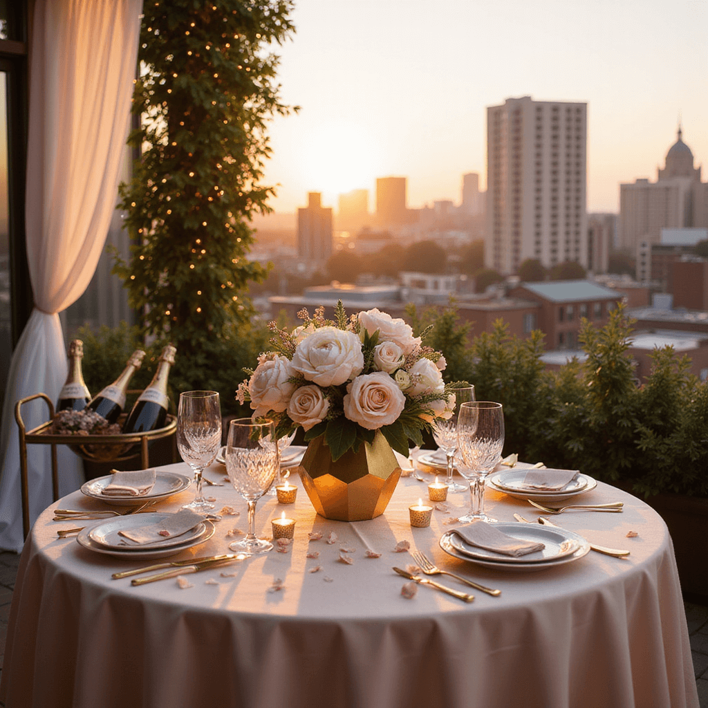 A luxurious rooftop terrace at golden hour, featuring an intimate anniversary setup with twinkling fairy lights, sheer drapery, a beautifully arranged table with crystal stemware, fine china, gold flatware, and a floral centerpiece of pink peonies and ivory roses, surrounded by rose petals and candles, with a vintage Champagne cart nearby.
