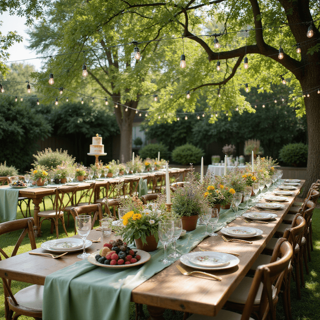 A whimsical garden party with long wooden tables dressed in sage green linen, vintage pastel china, gold cutlery, and crystal goblets, surrounded by lush wildflower centerpieces and Edison bulb lights, featuring a dessert station with a naked cake topped with berries and edible flowers, all bathed in dappled afternoon sunlight.