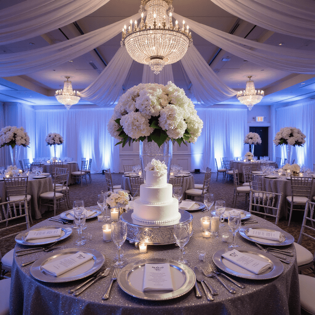 Opulent ballroom for a milestone birthday, featuring shimmering silver sequin table linens, towering floral arrangements, elegant place settings, a grand dessert table with a multi-tiered cake, and a dreamy ambiance created by flowing drapery and uplighting.