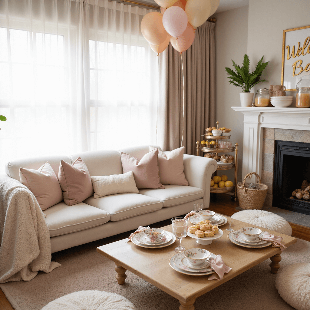 A cozy living room set up for a baby shower brunch, featuring soft morning light, a low coffee table with floral china, gold-rimmed glassware, and pastel floor cushions. The table displays a tiered cake stand with petit fours and macarons, alongside a bar cart with mimosa ingredients. Clusters of balloons and a 'Welcome Baby' banner add to the warm, inviting atmosphere.