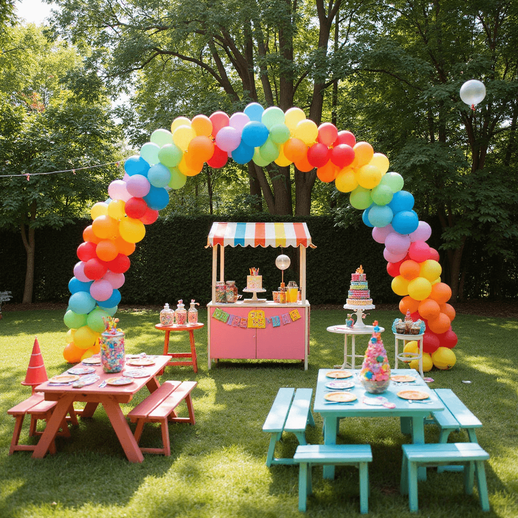 A vibrant children's birthday party in a sunlit backyard featuring a colorful balloon arch, picnic area with low tables and chairs, playful place settings in primary colors, a DIY lemonade stand, a topsy-turvy rainbow cake, candy jars, personalized cookies, lawn games, and a bubble station, all captured from a slightly elevated angle.