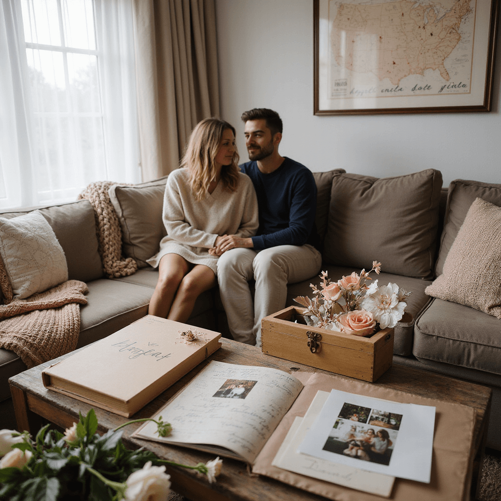 A cozy living room with soft morning light, featuring a couple on a velvet sofa surrounded by anniversary gifts, a wooden box of love notes, an open photo album, and a mantle adorned with paper flowers and a framed star map. Textured pillows and a knit blanket enhance the intimate atmosphere.