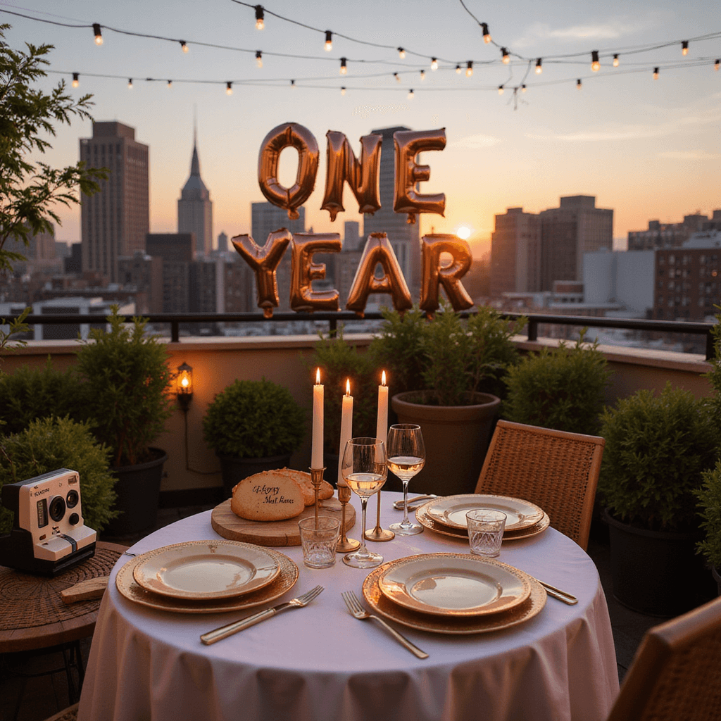 Elegant rooftop terrace at golden hour with a romantic table for two, string lights overhead, personalized wine glasses, custom cheese board, rose gold balloons spelling 'ONE YEAR', a vintage Polaroid camera, and lush plants amidst flickering lanterns.